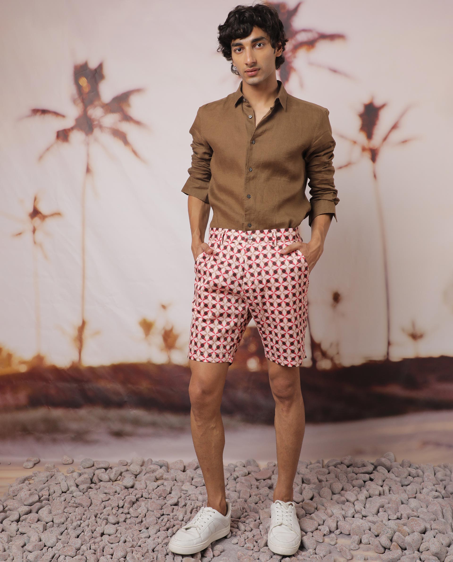 Rare Rabbit Men's Stany Pink Cotton Fabric Button & Zip Closure Slim Fit Mid Rise Geometric Print Shorts