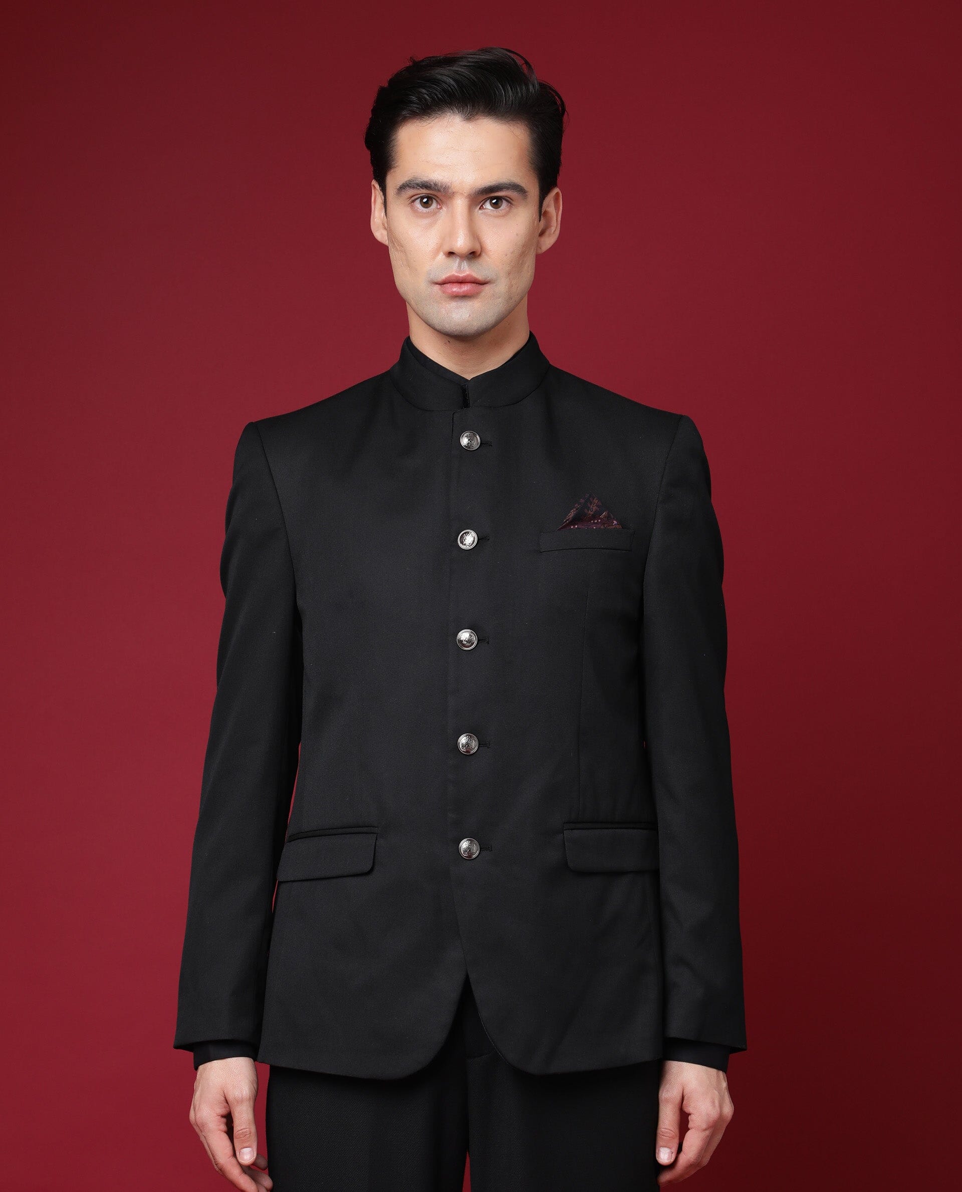 Rare Rabbit Men's Aero Black Polyester Viscose Fabric Mandarin Collar Full Sleeves Button Closure Tailored Fit Bandhgala