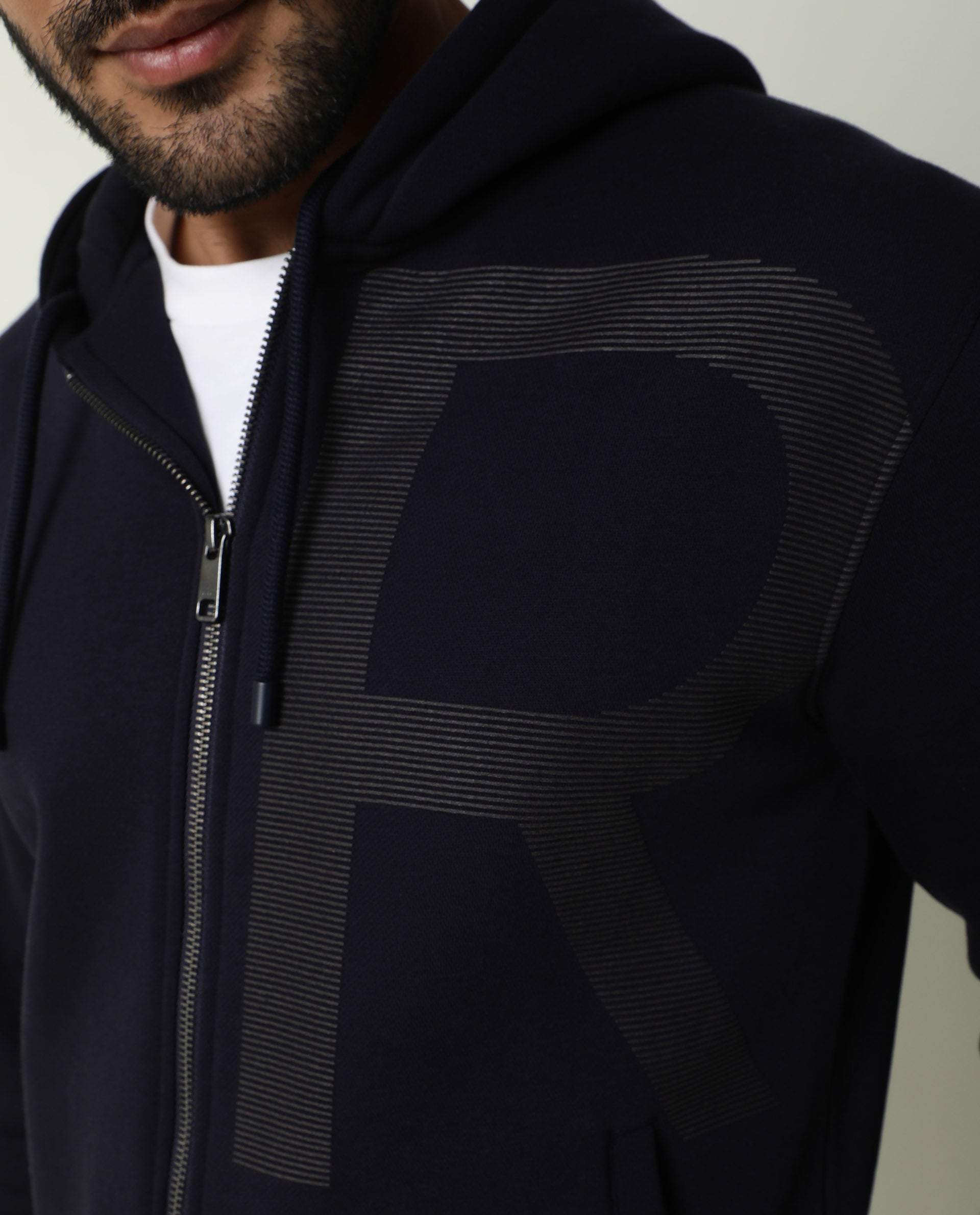 Rare Rabbit Men'S Albell Navy Sweatshirt Cotton Polyester Fabric Hooded Neck Full Sleeves Zipper Closure Slim Fit