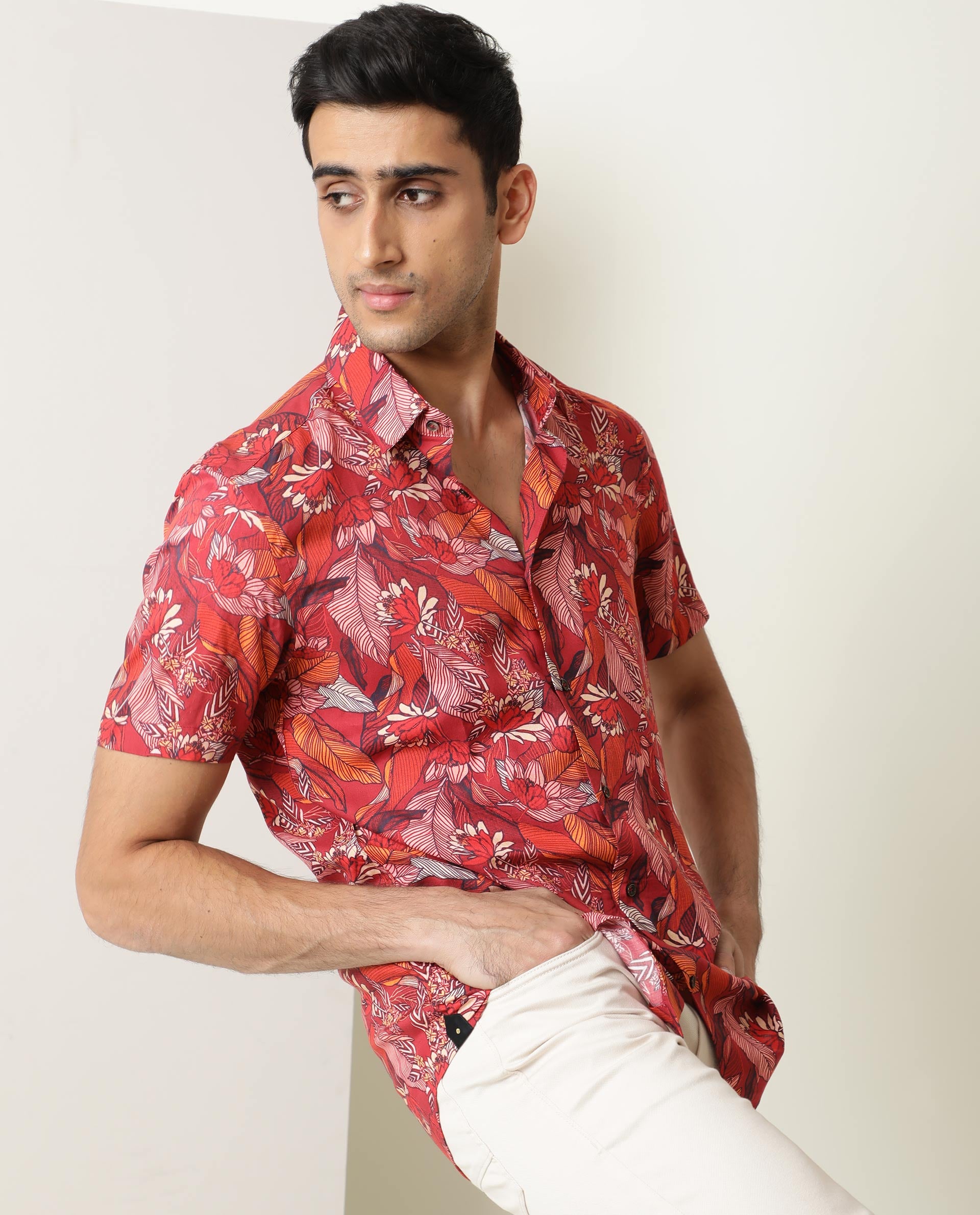 Rare Rabbit Men's Sinn Dark Red Viscose Fabric Floral Print Half Sleeves Shirt