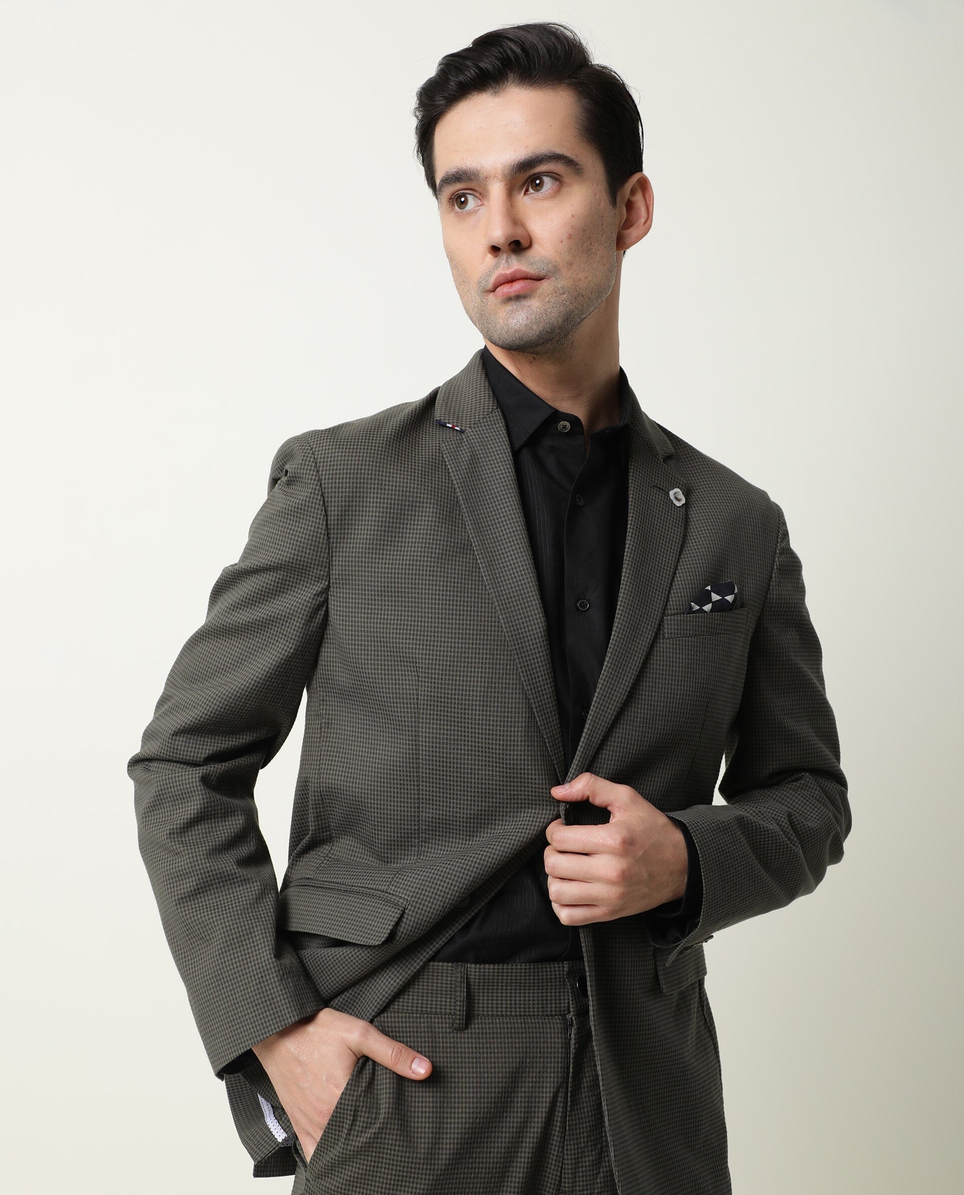 Rare Rabbit Men's Alps Green Notch Lapel Single Breasted Slim Fit Micro Check Seer Sucker Blazer