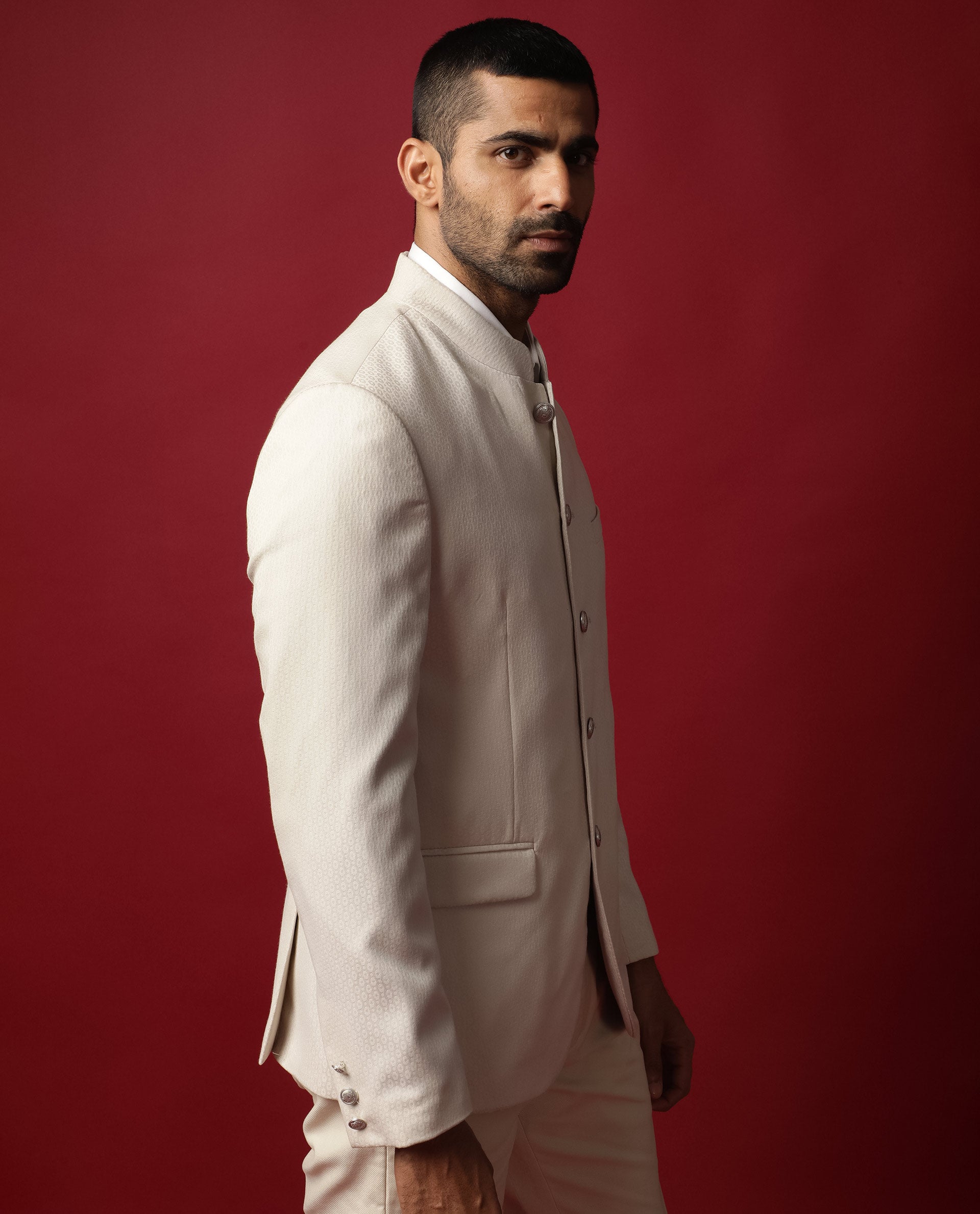 Rare Rabbit Men's Elsie Beige Mandarin Collar Tailored Fit Geometric Jacquard Bandhgala