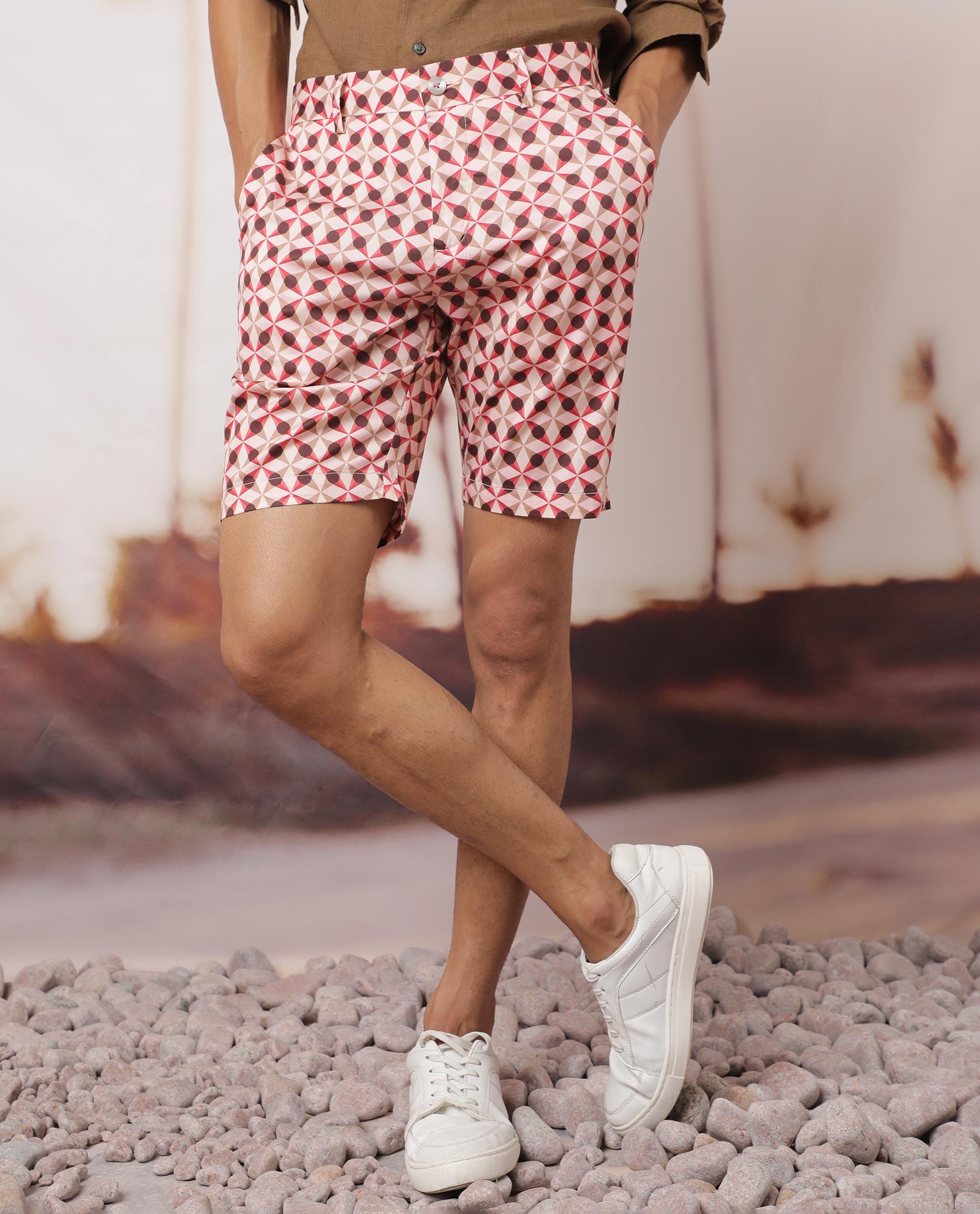 Rare Rabbit Men's Stany Pink Cotton Fabric Button & Zip Closure Slim Fit Mid Rise Geometric Print Shorts