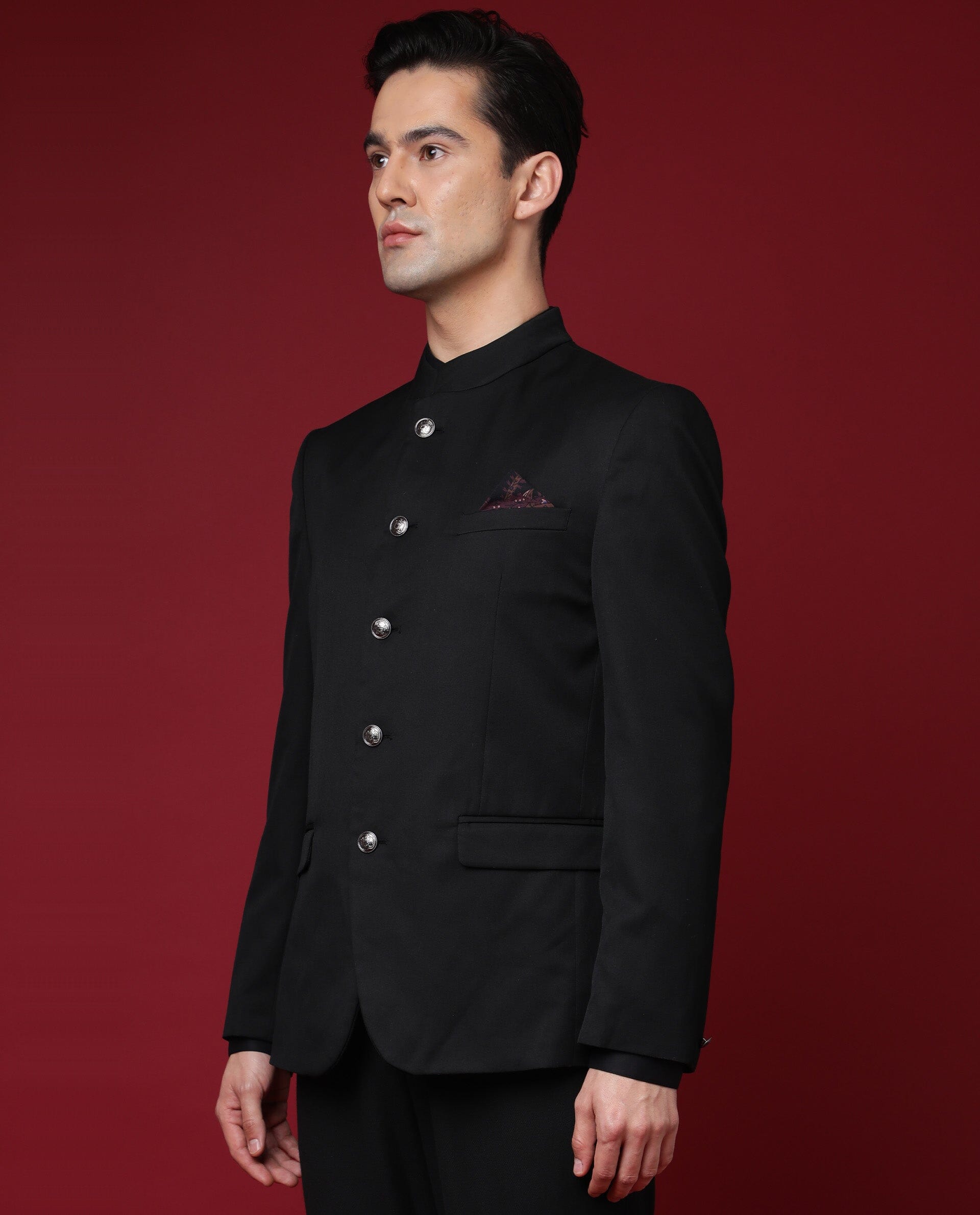 Rare Rabbit Men's Aero Black Polyester Viscose Fabric Mandarin Collar Full Sleeves Button Closure Tailored Fit Bandhgala