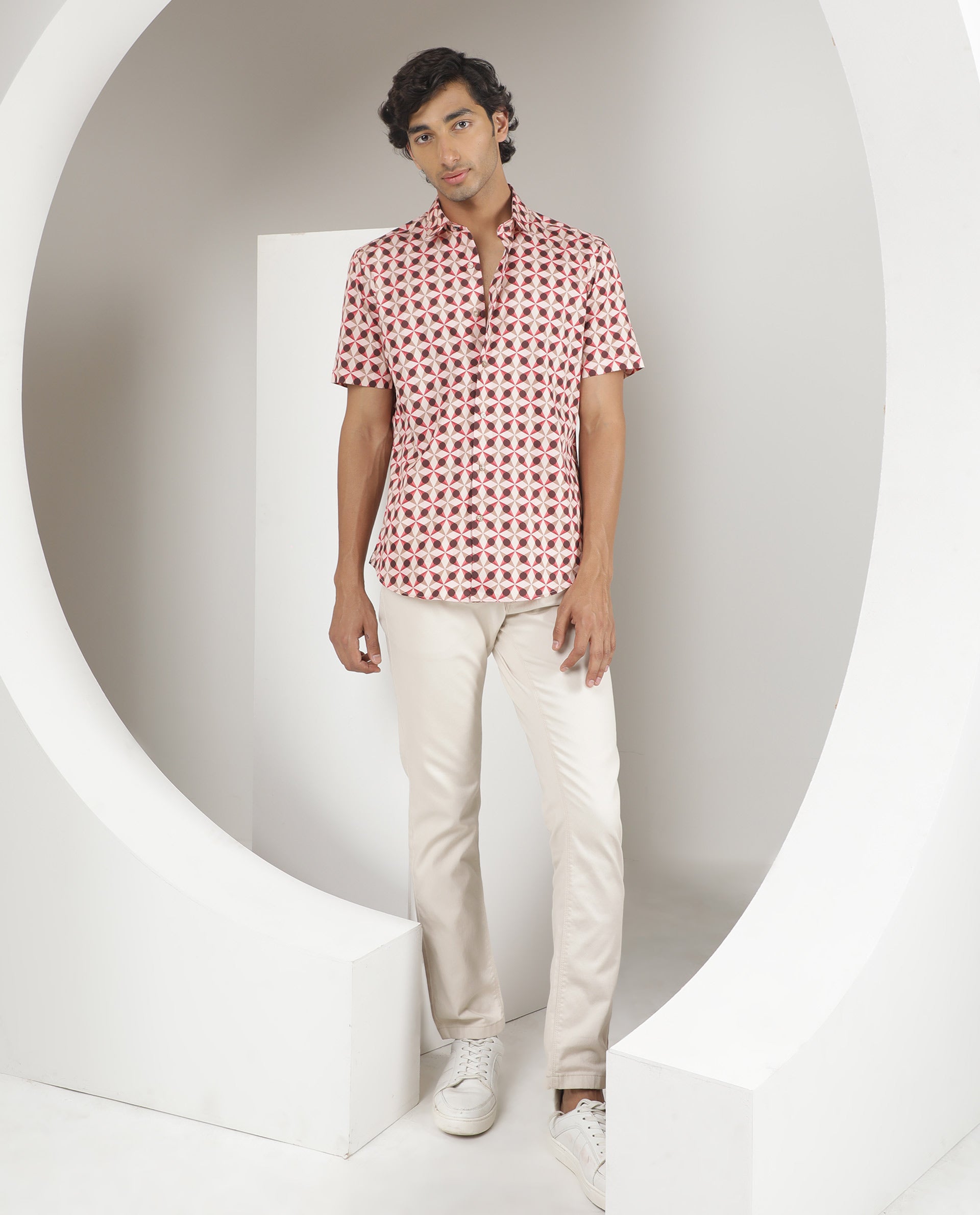 Rare Rabbit Men's Stanet Pink Cotton Fabric Half Sleeves Geometric Print Shirt