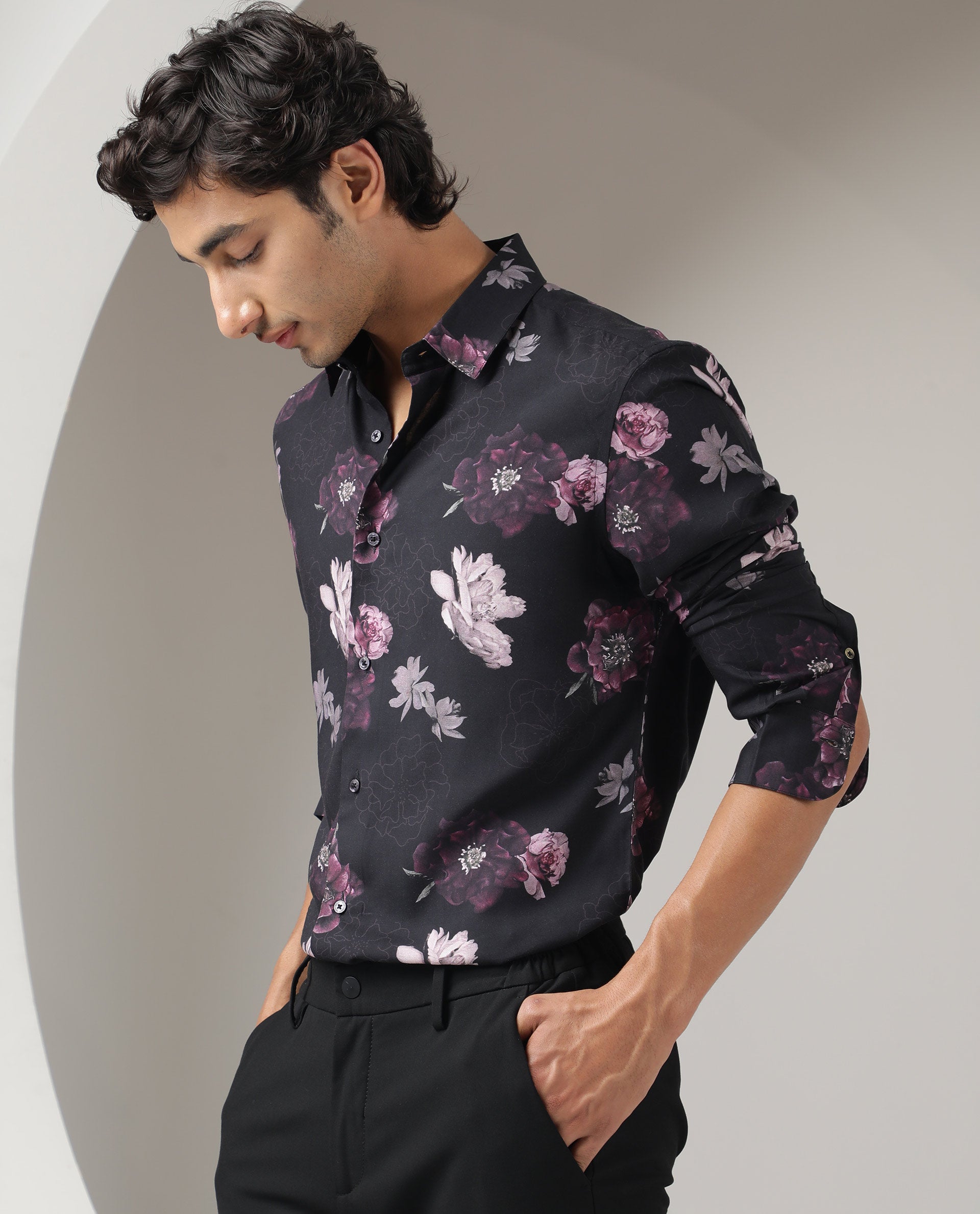 Rare Rabbit Men's Boro Purple Viscose Fabric Floral Print Full Sleeves Shirt