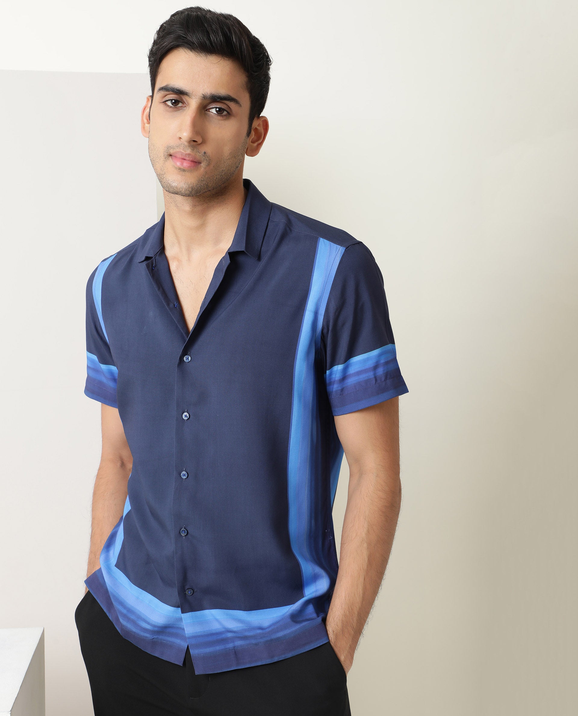 Rare Rabbit Men's Quben Navy Viscose Fabric Cuban Collar Tonal Placement Print Half Sleeves Shirt