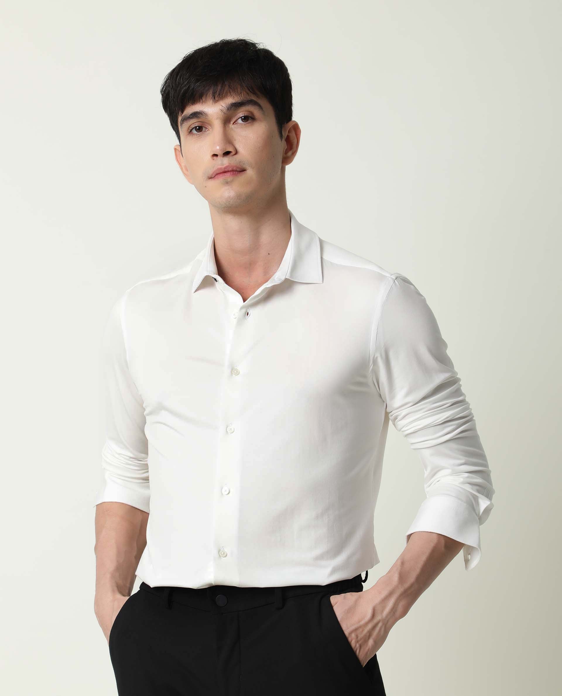 Rare Rabbit Men's Zac White Rayon Fabric Full Sleeves Solid Shirt