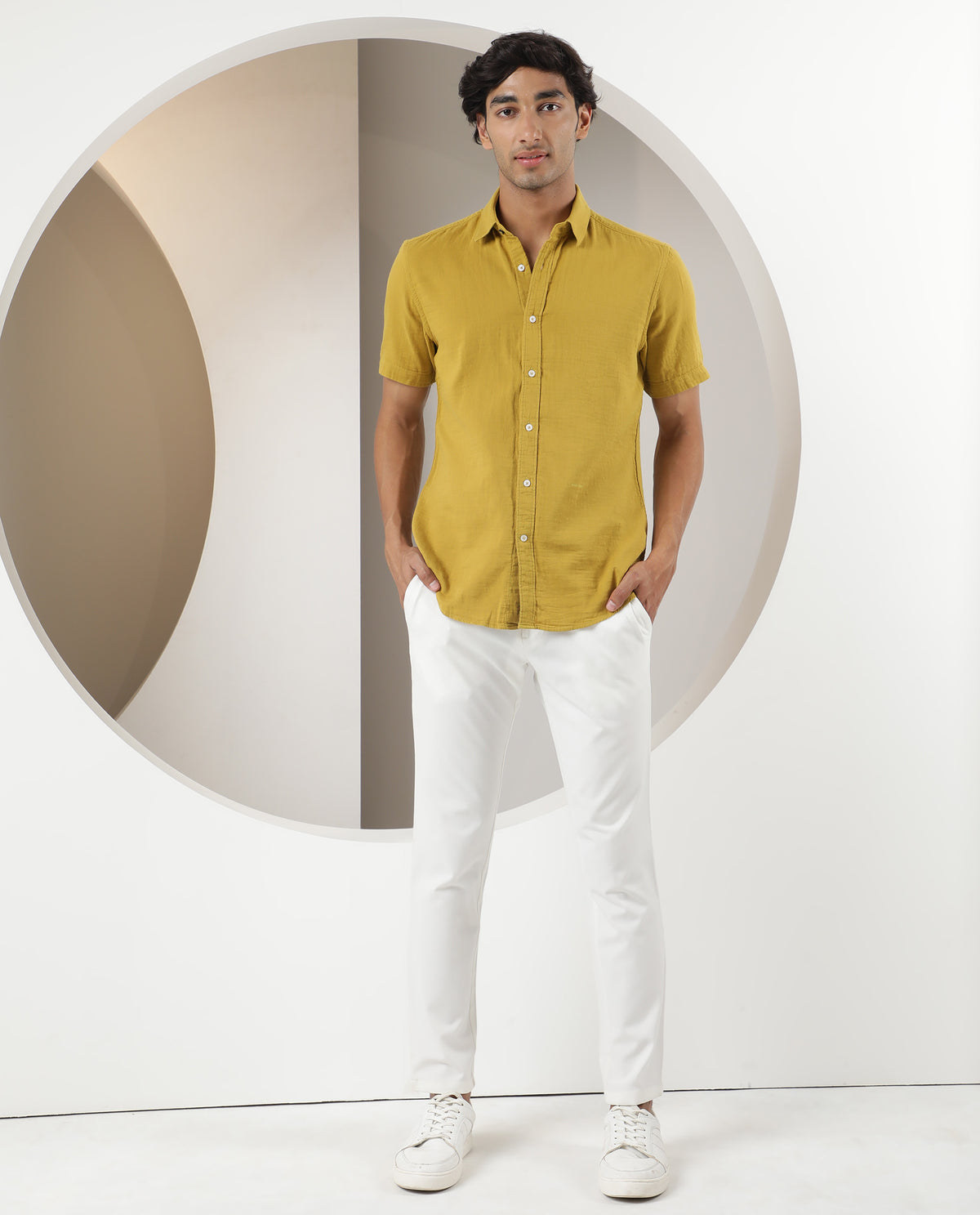 Rare Rabbit Men's Lay Yellow Cotton Fabric Half Sleeves Solid Shirt