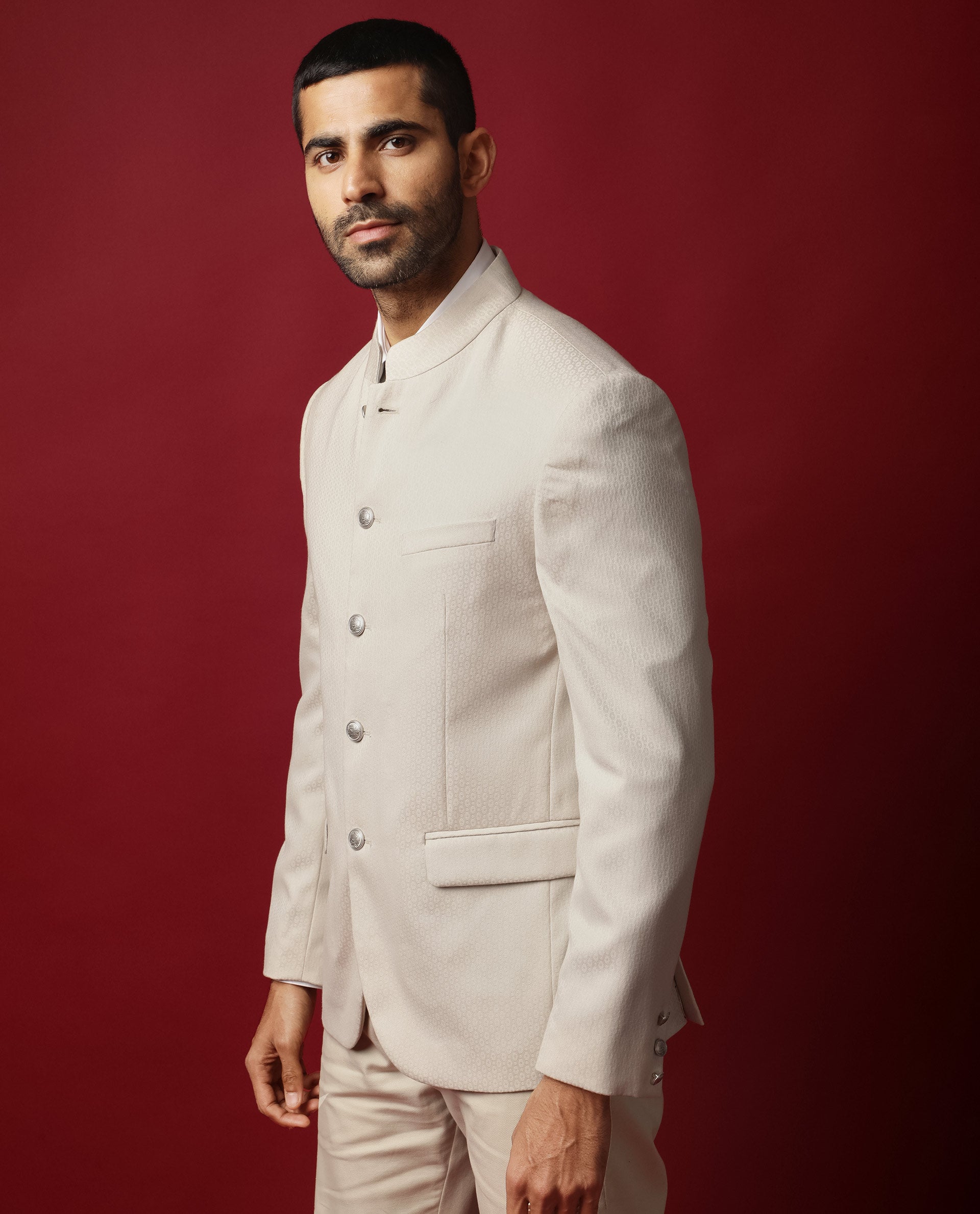 Rare Rabbit Men's Elsie Beige Mandarin Collar Tailored Fit Geometric Jacquard Bandhgala