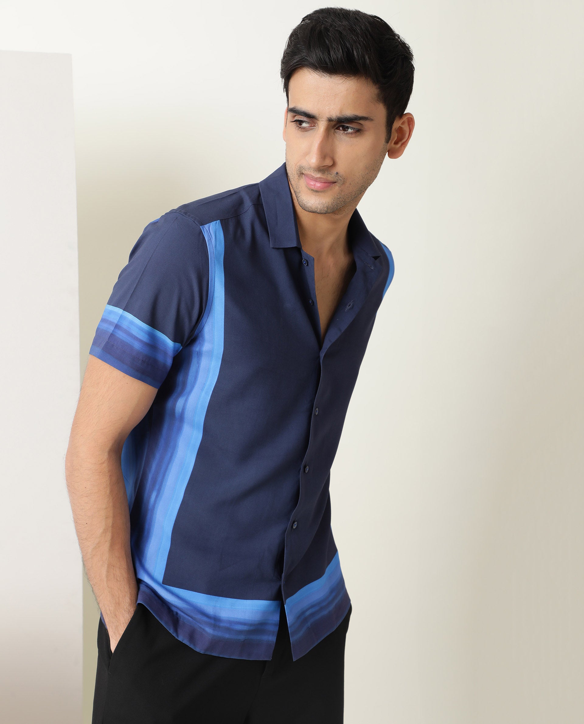 Rare Rabbit Men's Quben Navy Viscose Fabric Cuban Collar Tonal Placement Print Half Sleeves Shirt