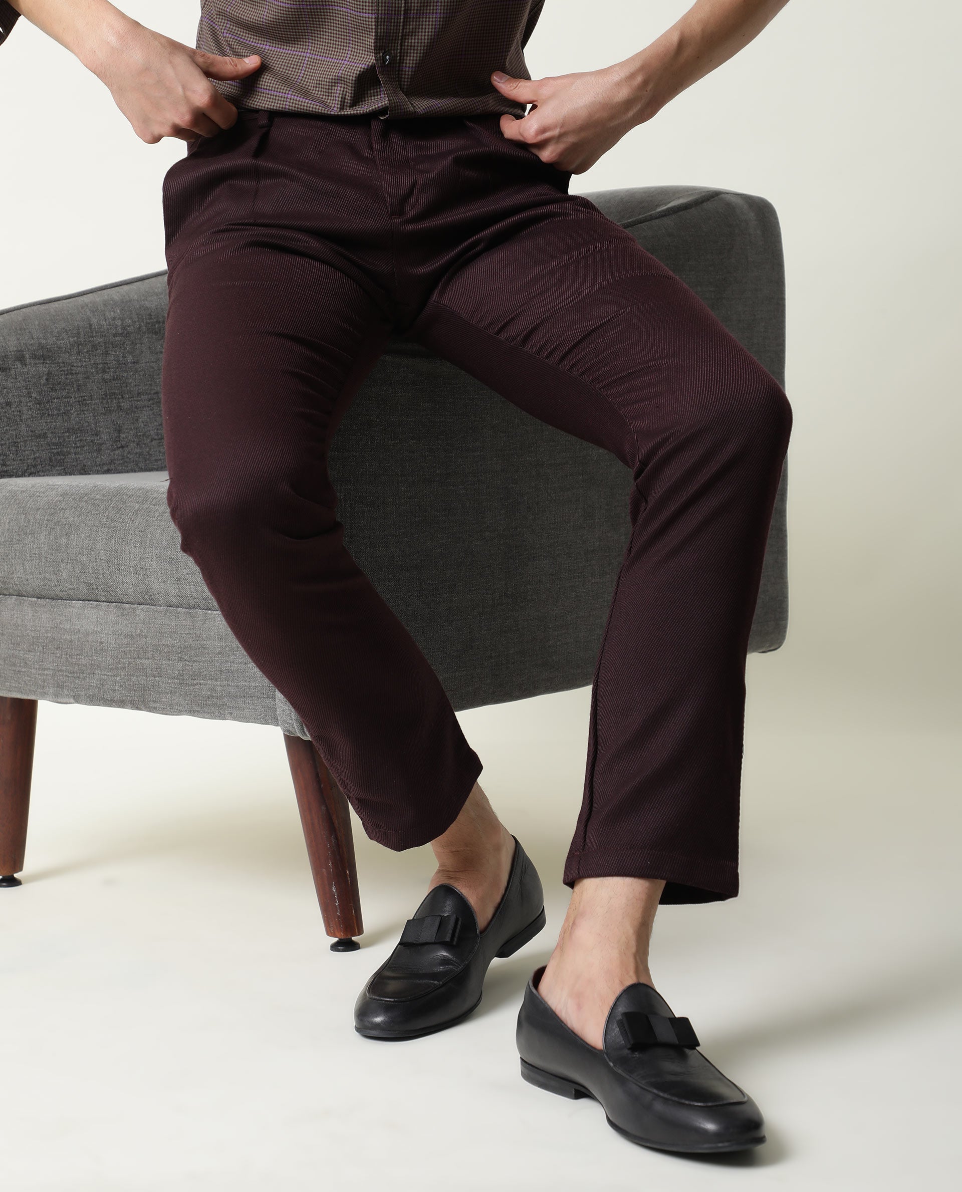 Rare Rabbit Men's Edit Dark Maroon Poly Viscose Fabric Slim Fit Button & Zip Closure Trouser