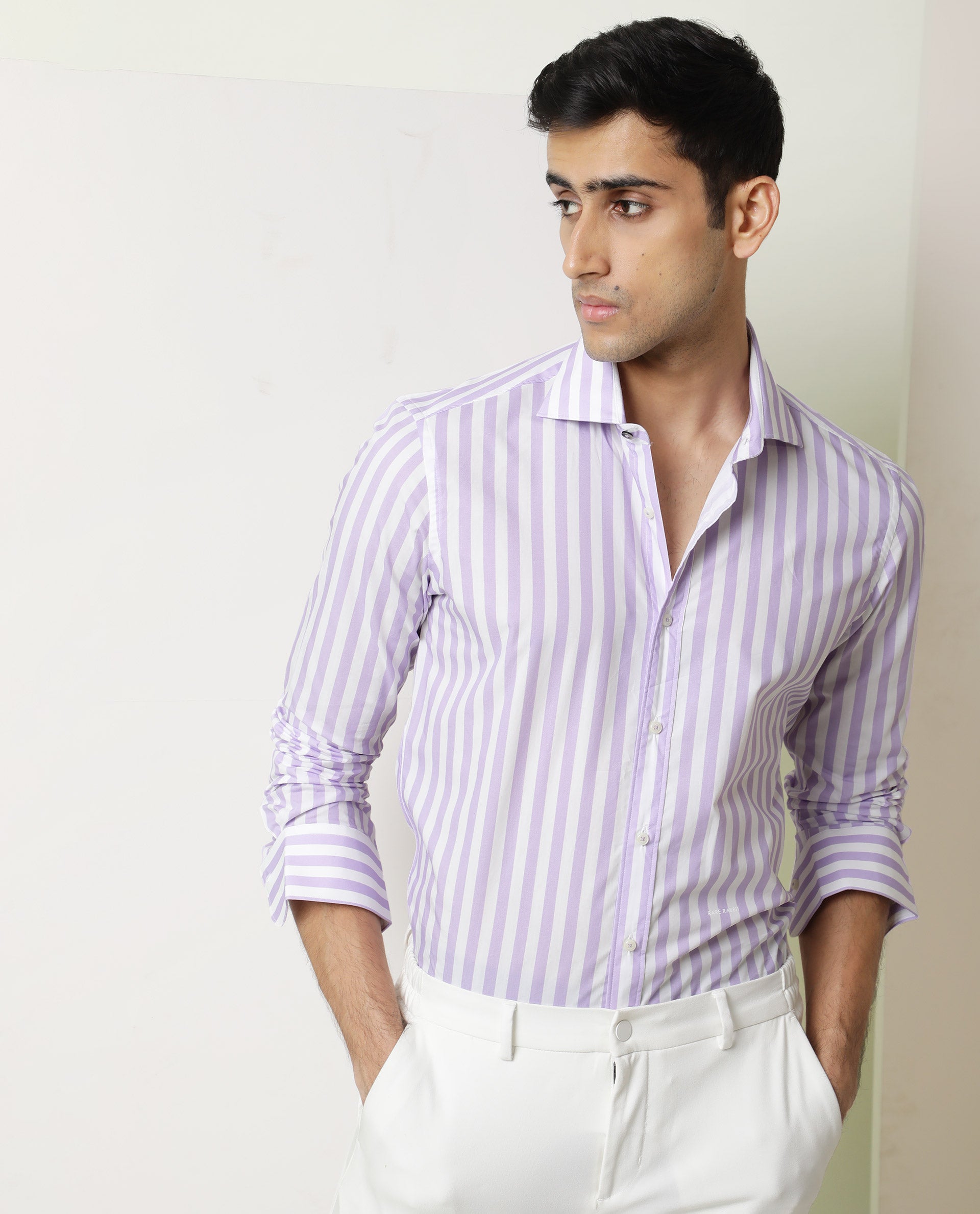 Rare Rabbit Men's Dyot Light Purple Cotton Fabric Full Sleeves Striped Shirt