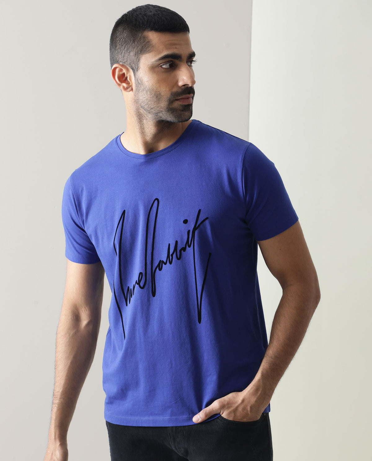 Rare Rabbit Men's Skein Blue Cotton Lycra Fabric Crew Neck Half Sleeves Flock Print Branding T-Shirt