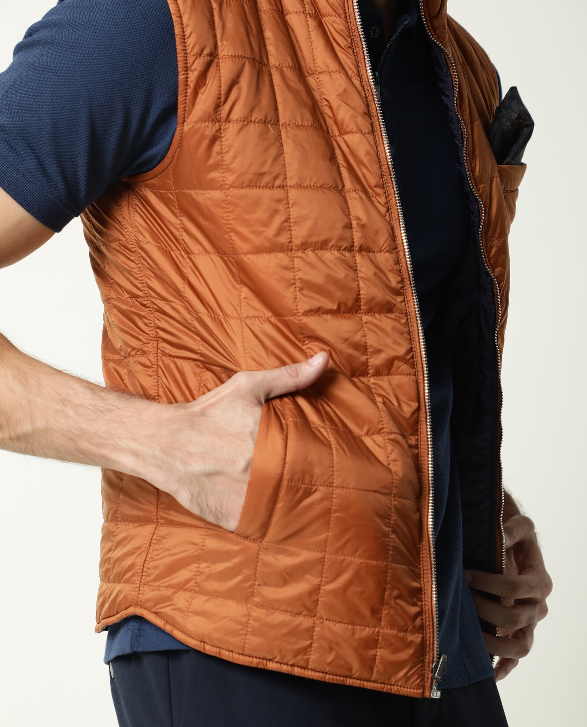 Rare Rabbit Men's Fillex Dark Blue Solid Reversible Quilted Sleeveless Puffer Jacket