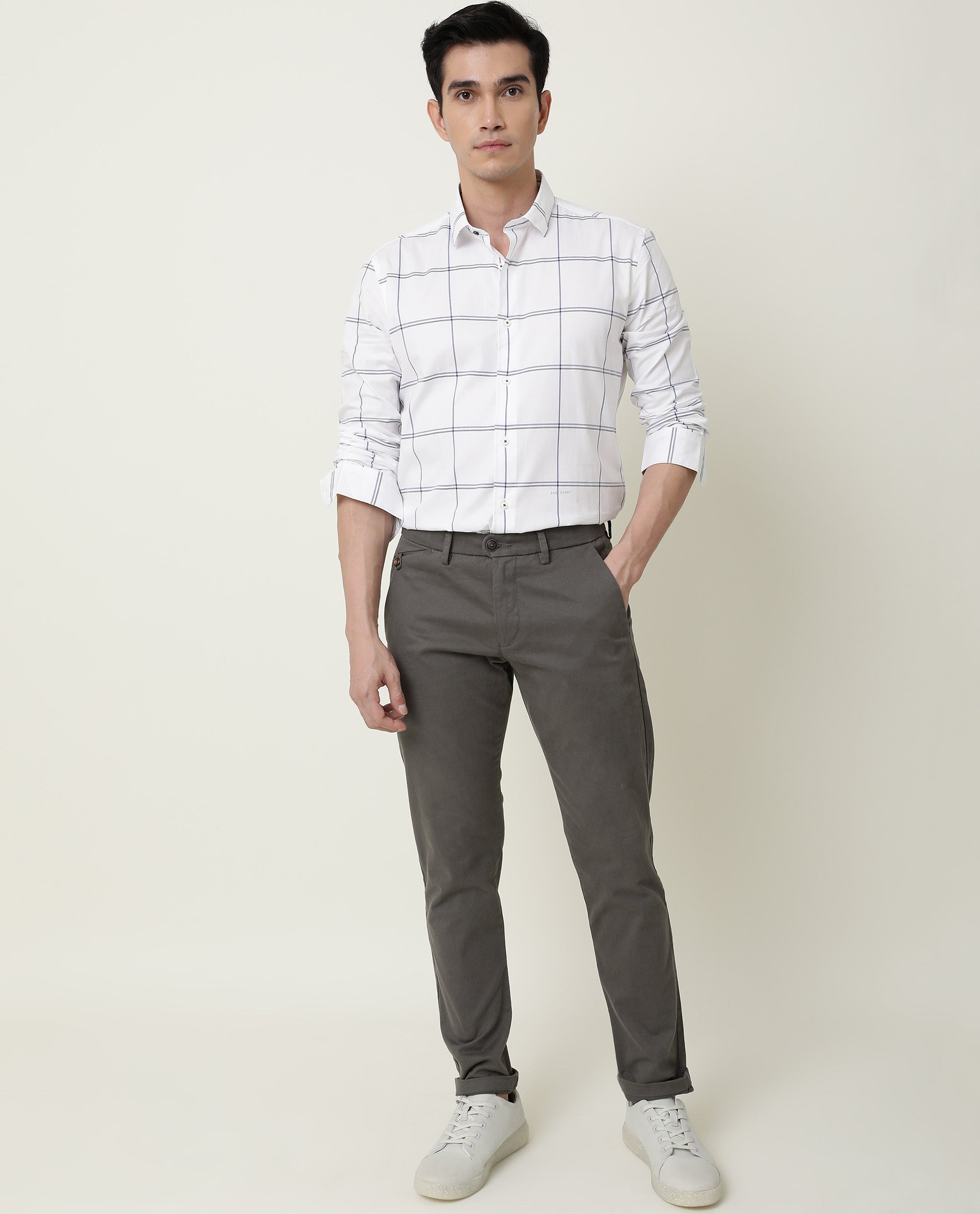 Rare Rabbit Men's Aps Grey Solid Mid-Rise Regular Fit Stretch Trouser