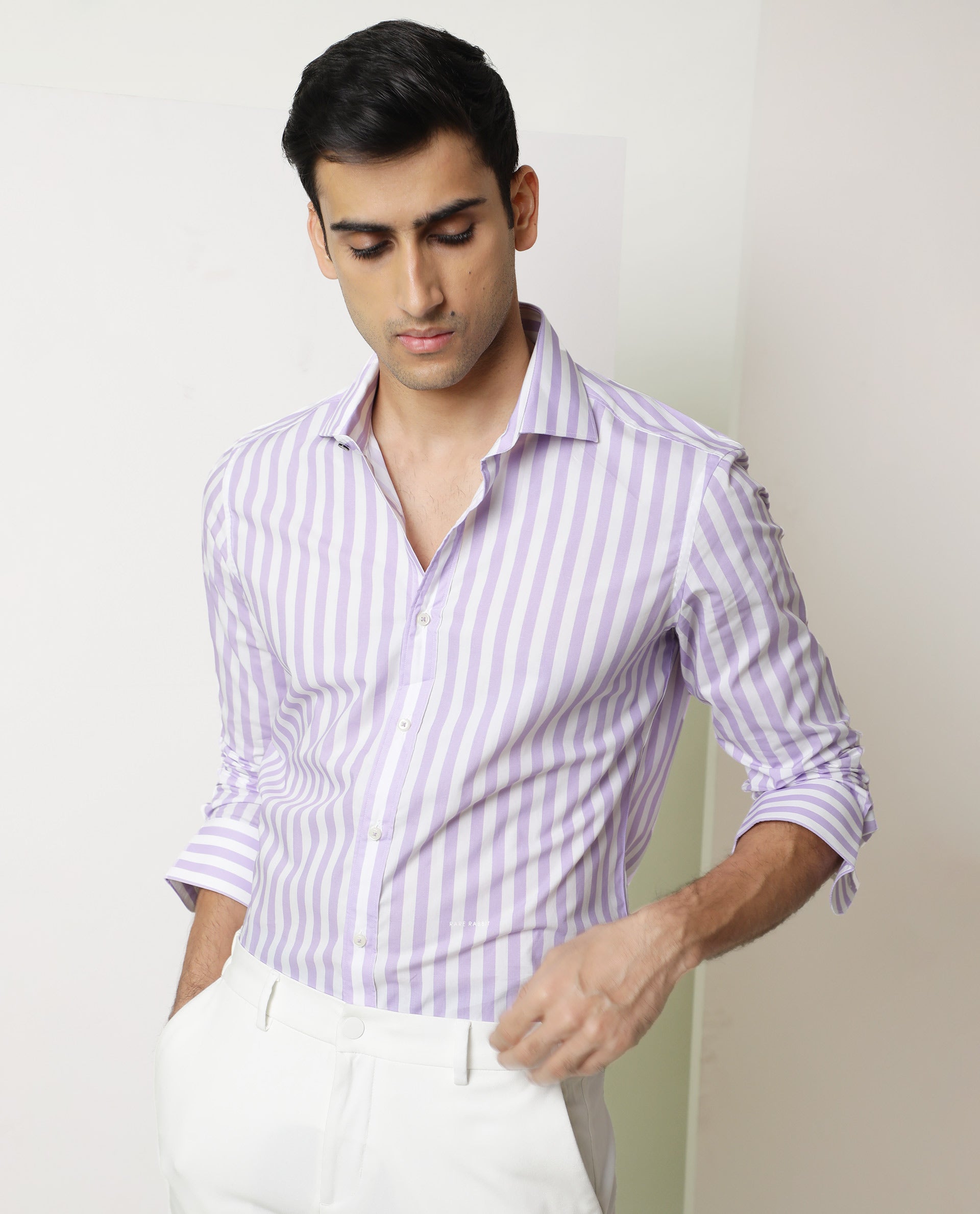 Rare Rabbit Men's Dyot Light Purple Cotton Fabric Full Sleeves Striped Shirt