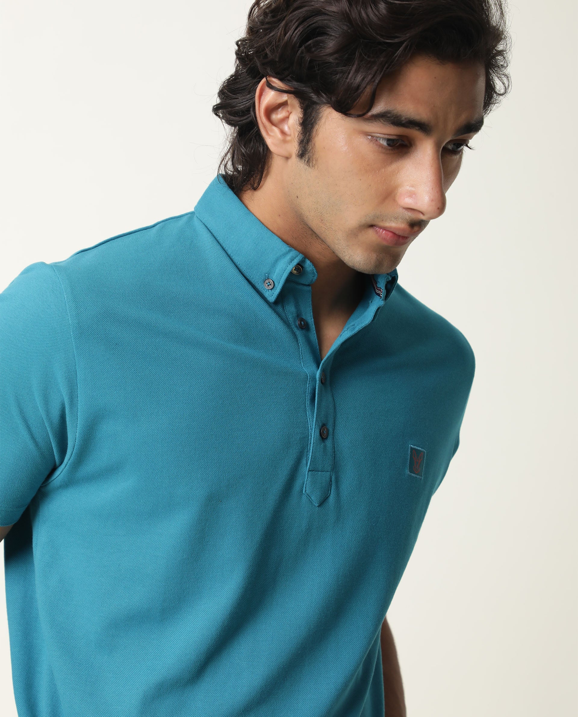 Rare Rabbit Men's Cassini-2 Blue Cotton Fabric Collared Neck Half Sleeves Polo T-Shirt