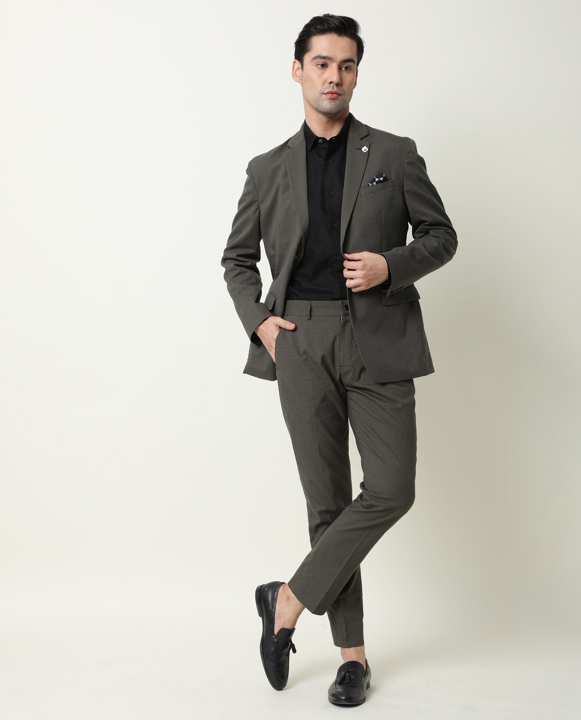 Rare Rabbit Men's Alps Green Notch Lapel Single Breasted Slim Fit Micro Check Seer Sucker Blazer