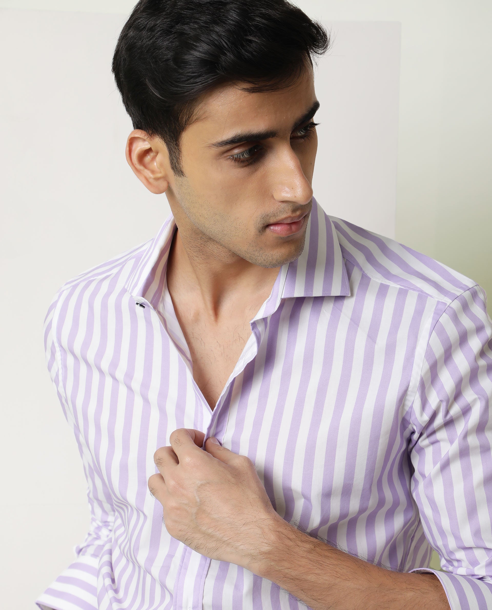 Rare Rabbit Men's Dyot Light Purple Cotton Fabric Full Sleeves Striped Shirt