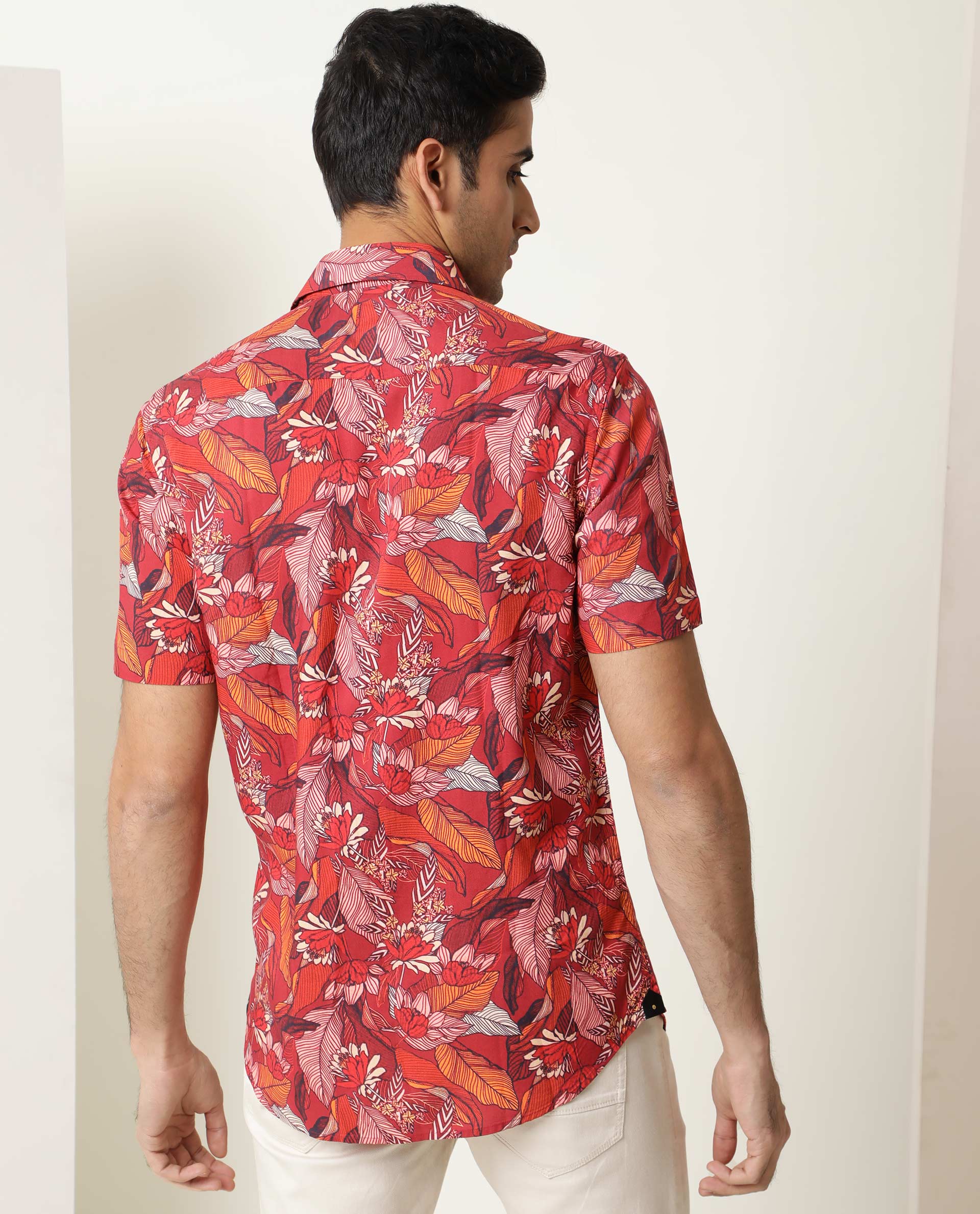 Rare Rabbit Men's Sinn Dark Red Viscose Fabric Floral Print Half Sleeves Shirt