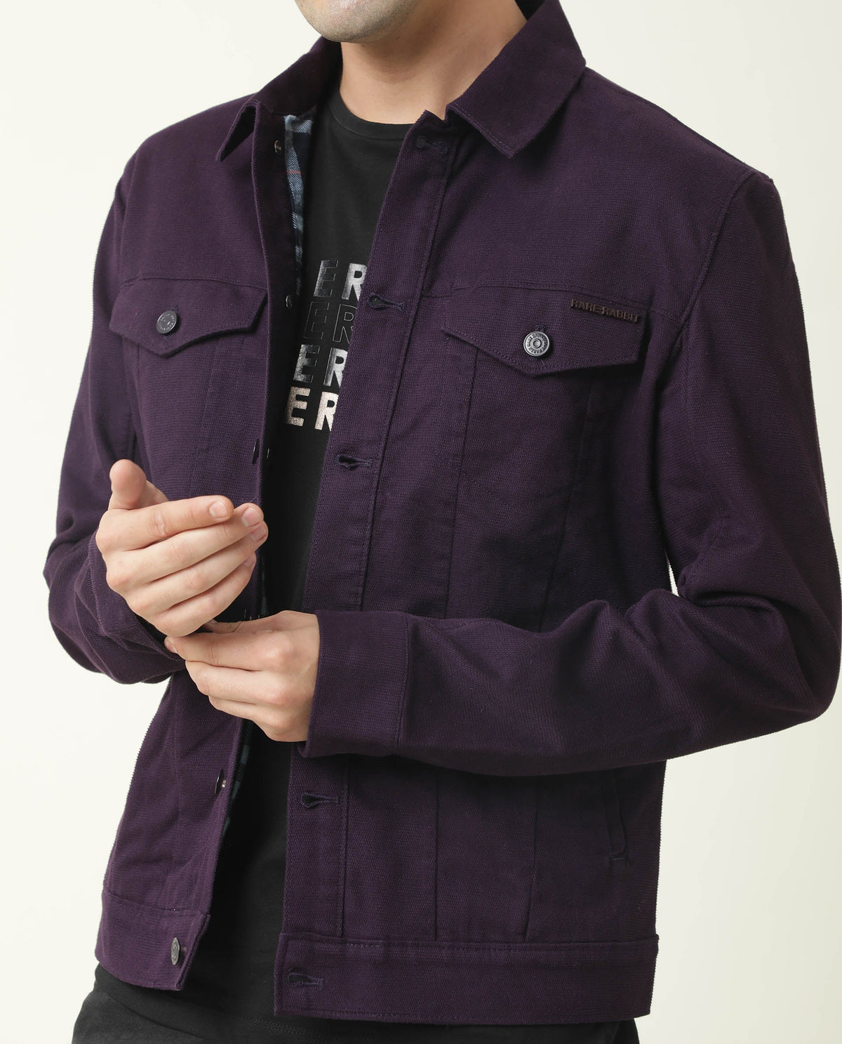 RARE RABBIT MEN'S VINTAGE PURPLE JACKET COTTON FABRIC COLLARED NECK FULL SLEEVES BUTTON CLOSURE SLIM FIT