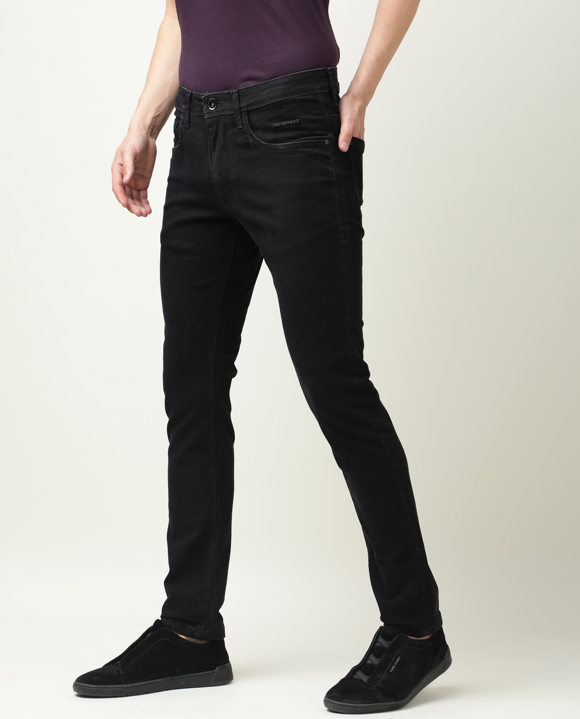 Rare Rabbit Men's Double Black 2 Black Rinse Wash Mid-Rise Slim Fit Jeans