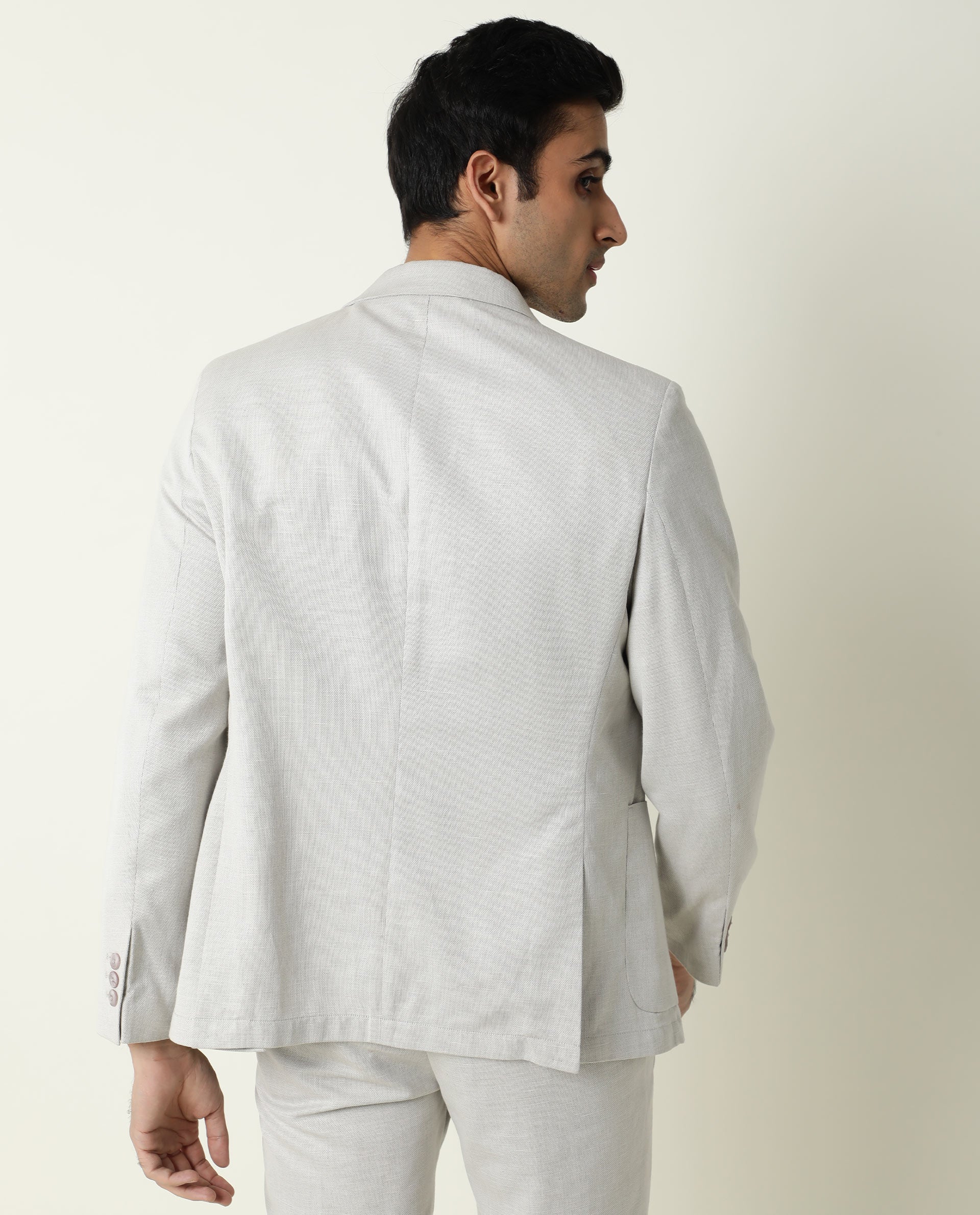 Rare Rabbit Men's Dexit Beige Polyester Viscose Fabric Peak Lapel Single Breasted Tailored Fit Textured Blazer