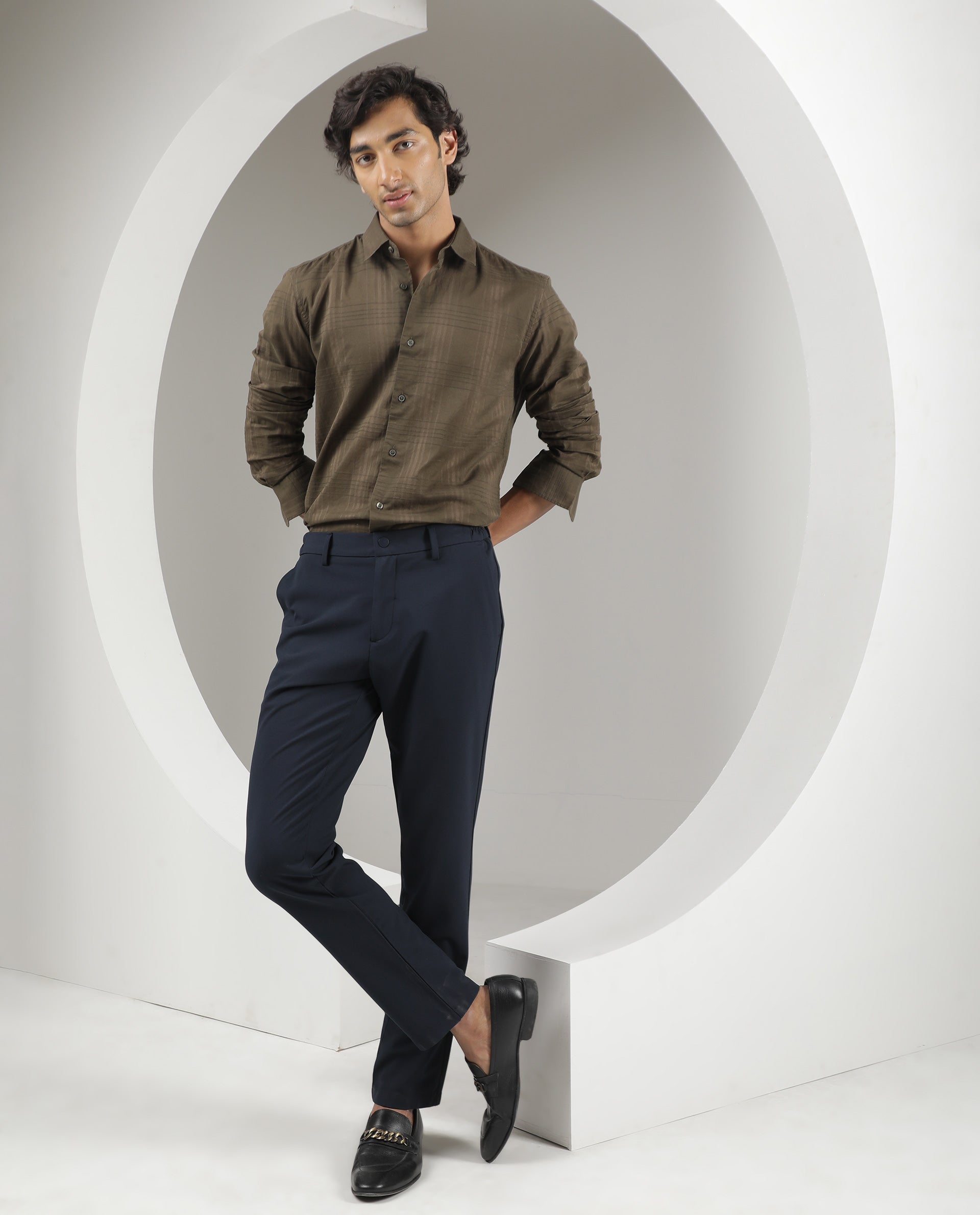 Rare Rabbit Men's Nest Olive Cotton Fabric Full Sleeves Dobby Checks Shirt