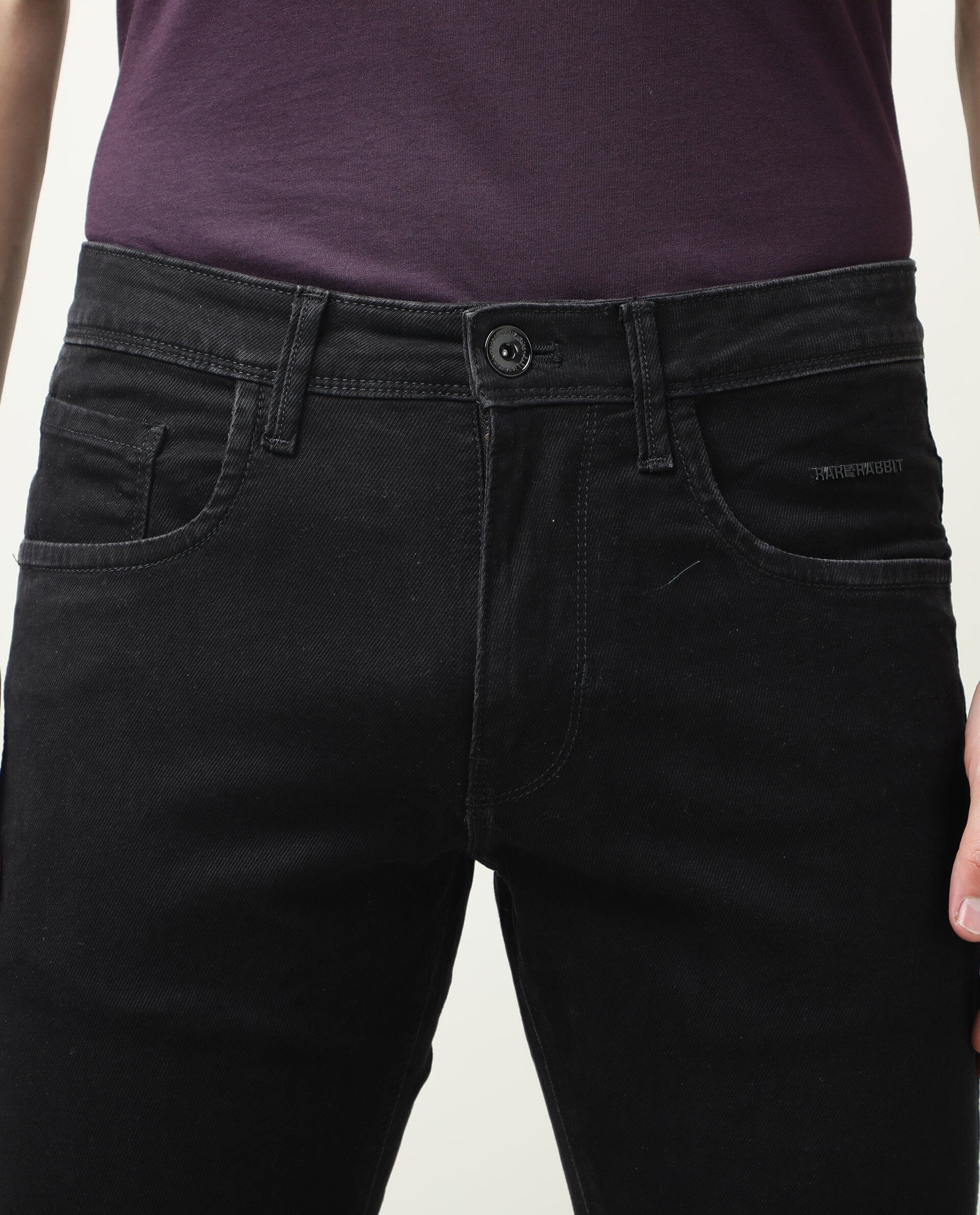 Rare Rabbit Men's Double Black 2 Black Rinse Wash Mid-Rise Slim Fit Jeans