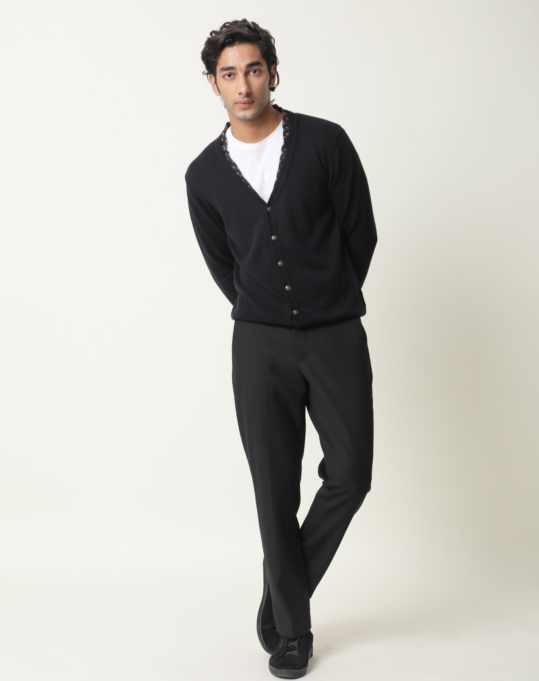 Rare Rabbit Richer Primary Black Pullover Cotton Fabric Full Sleeve V-Neck Slim Fit