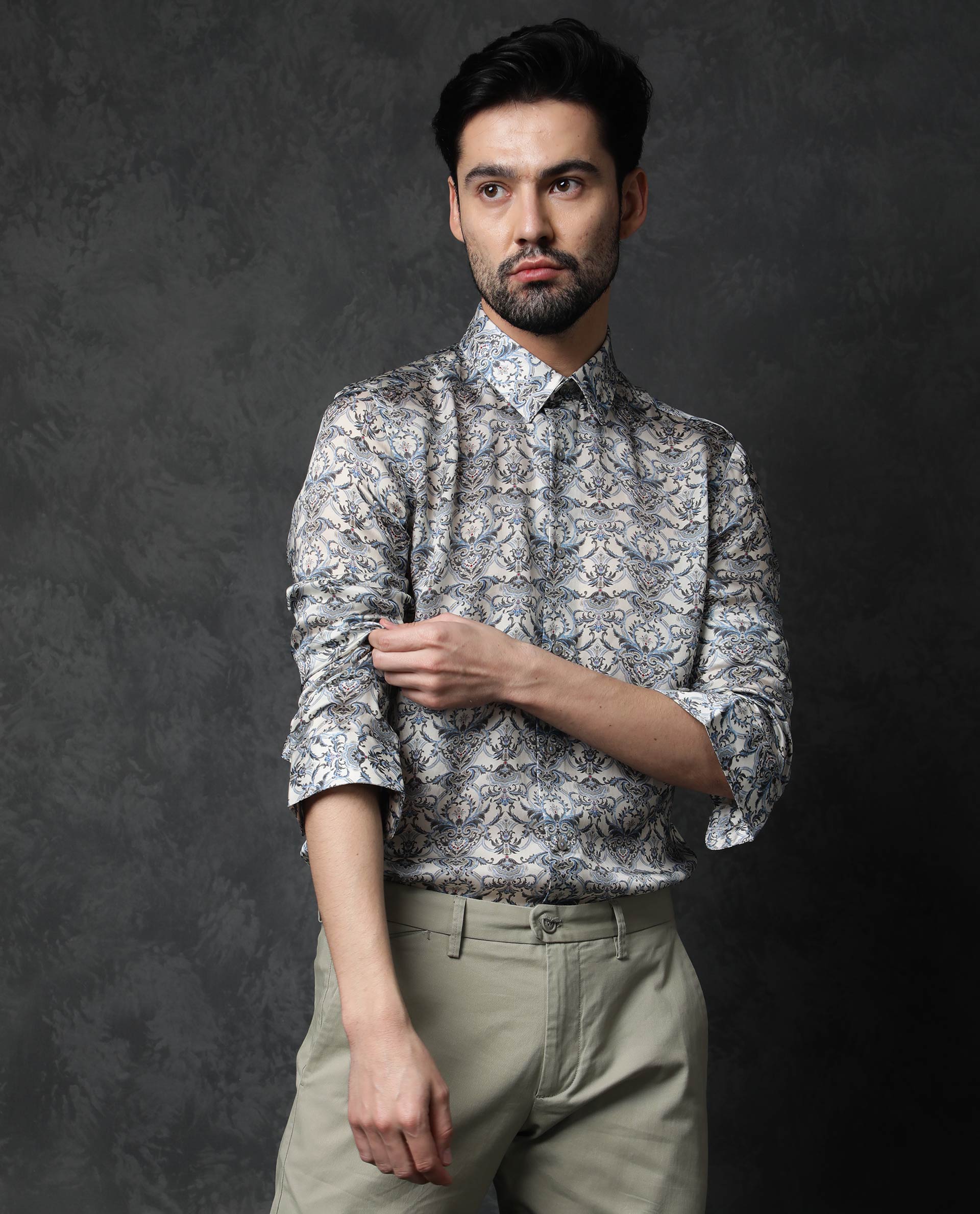 Rare Rabbit Men's Montor Beige Satin Abstract Print Full Sleeves Shirt