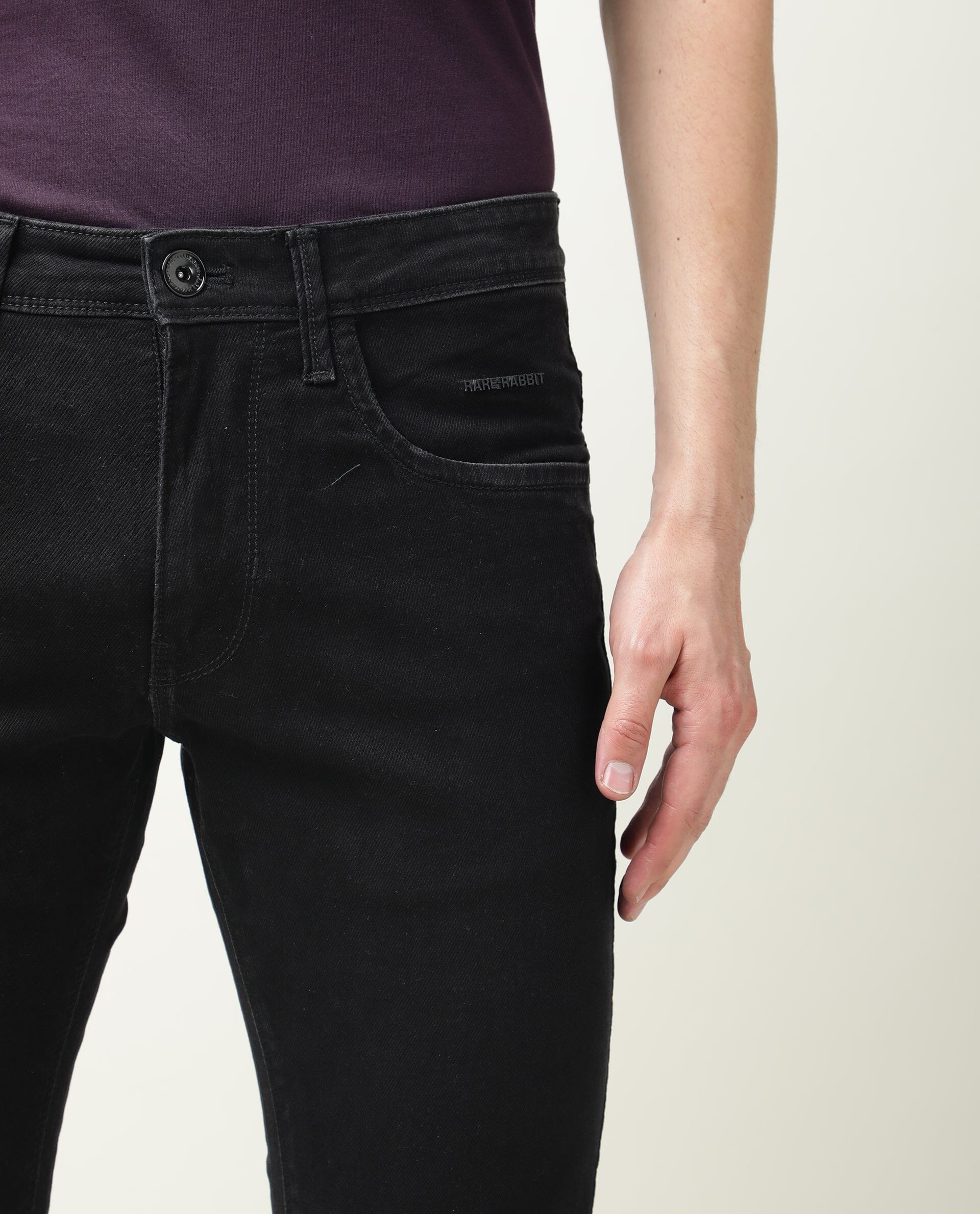 Rare Rabbit Men's Double Black 2 Black Rinse Wash Mid-Rise Slim Fit Jeans