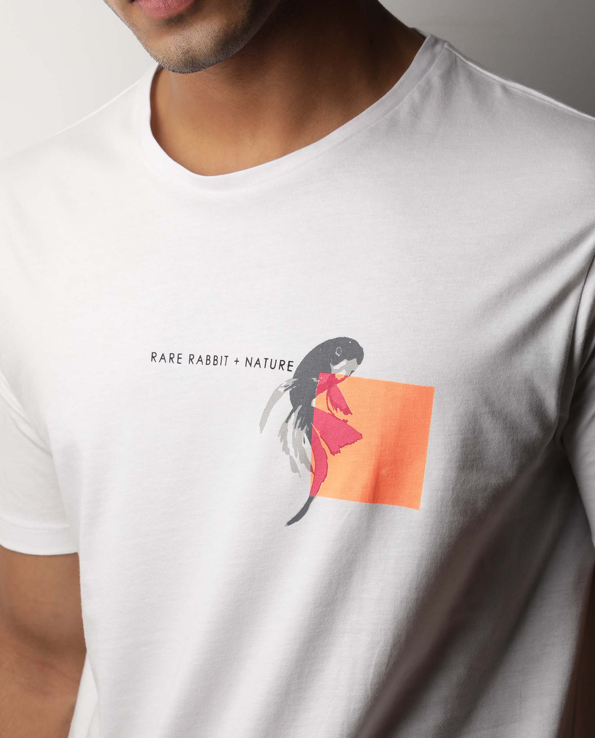 Rare Rabbit Men's Gol White Cotton Fabric Crew Neck Half Sleeves Slim Fit Graphic Print T-Shirt