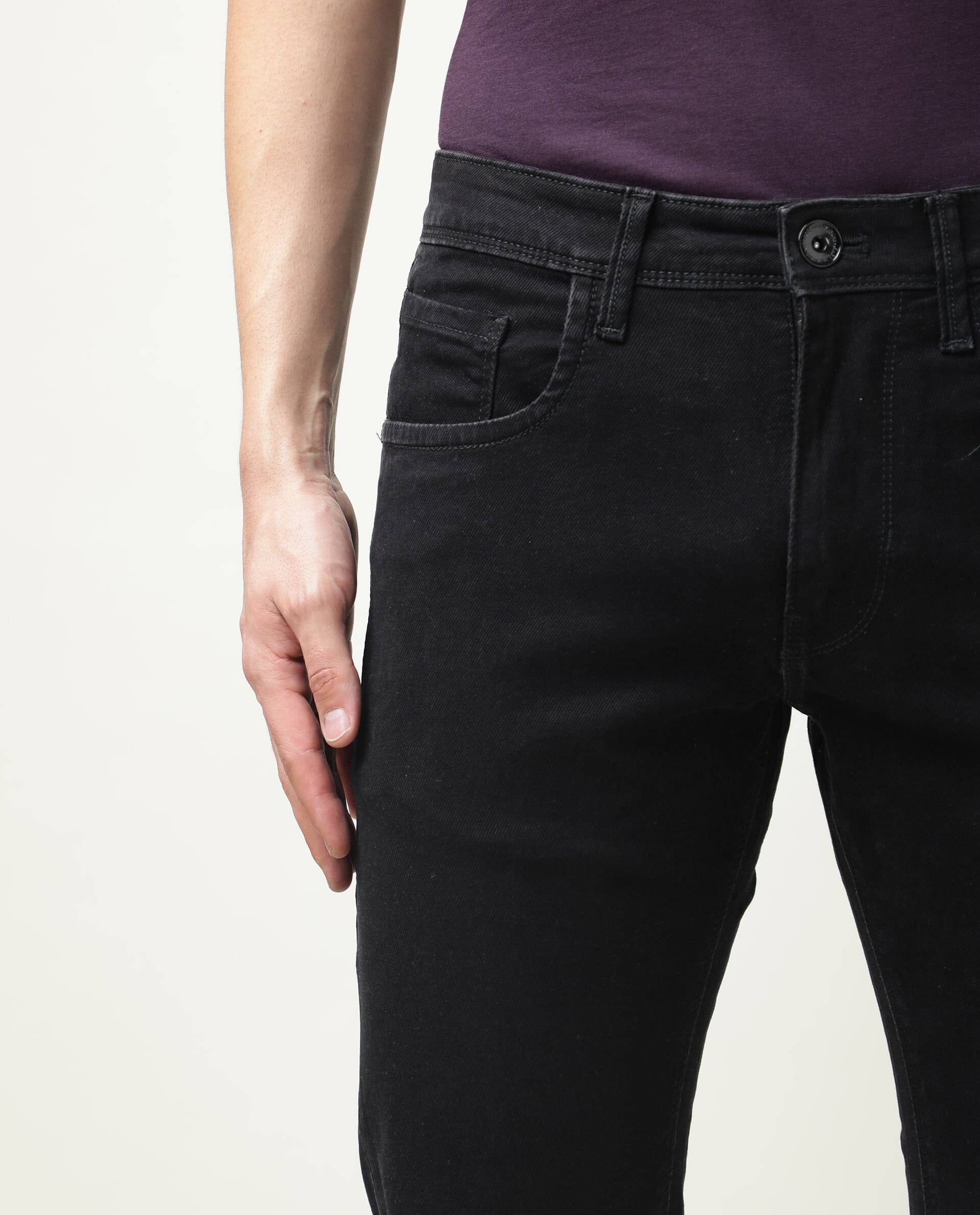 Rare Rabbit Men's Double Black 2 Black Rinse Wash Mid-Rise Slim Fit Jeans