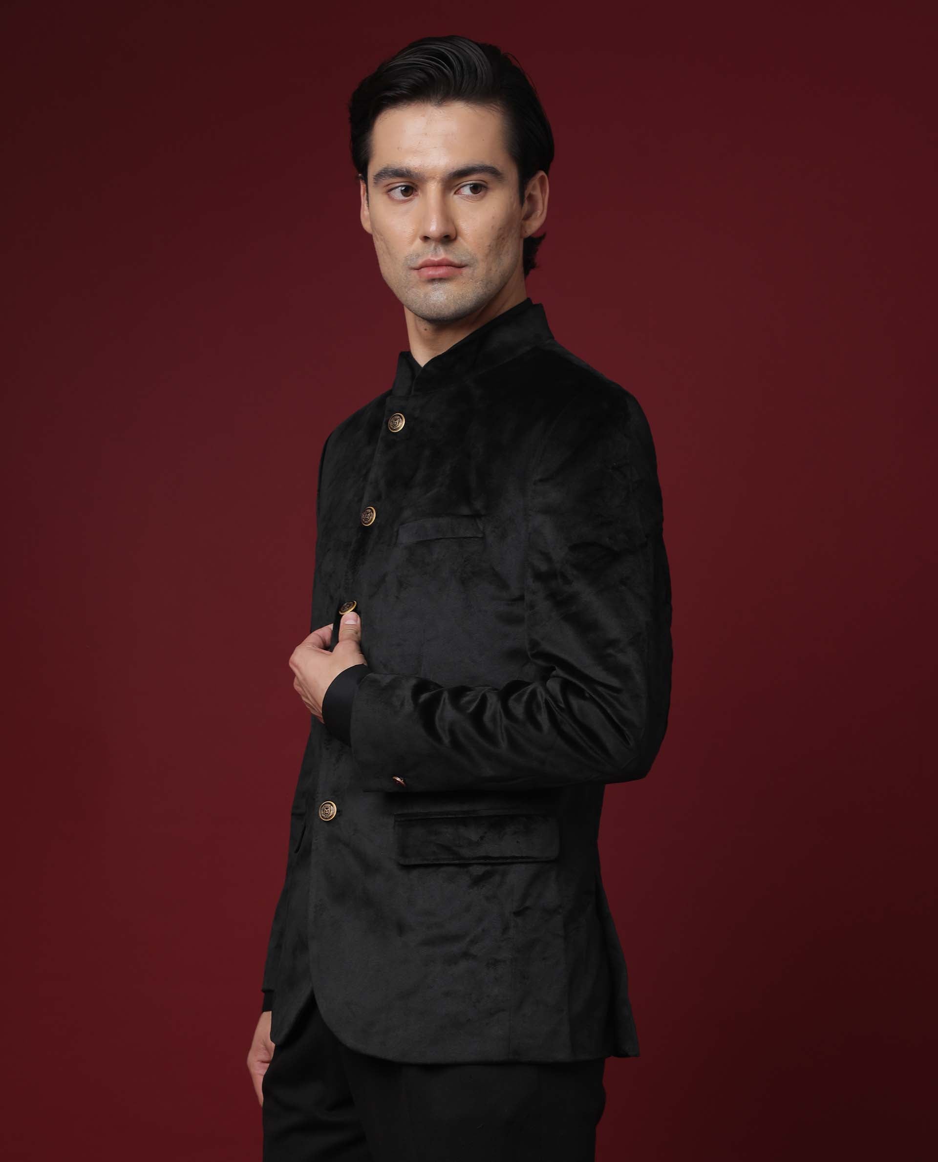 Rare Rabbit Men's Core Black Mandarin Collar Full Sleeves Slim Fit Velvet Bandhgala