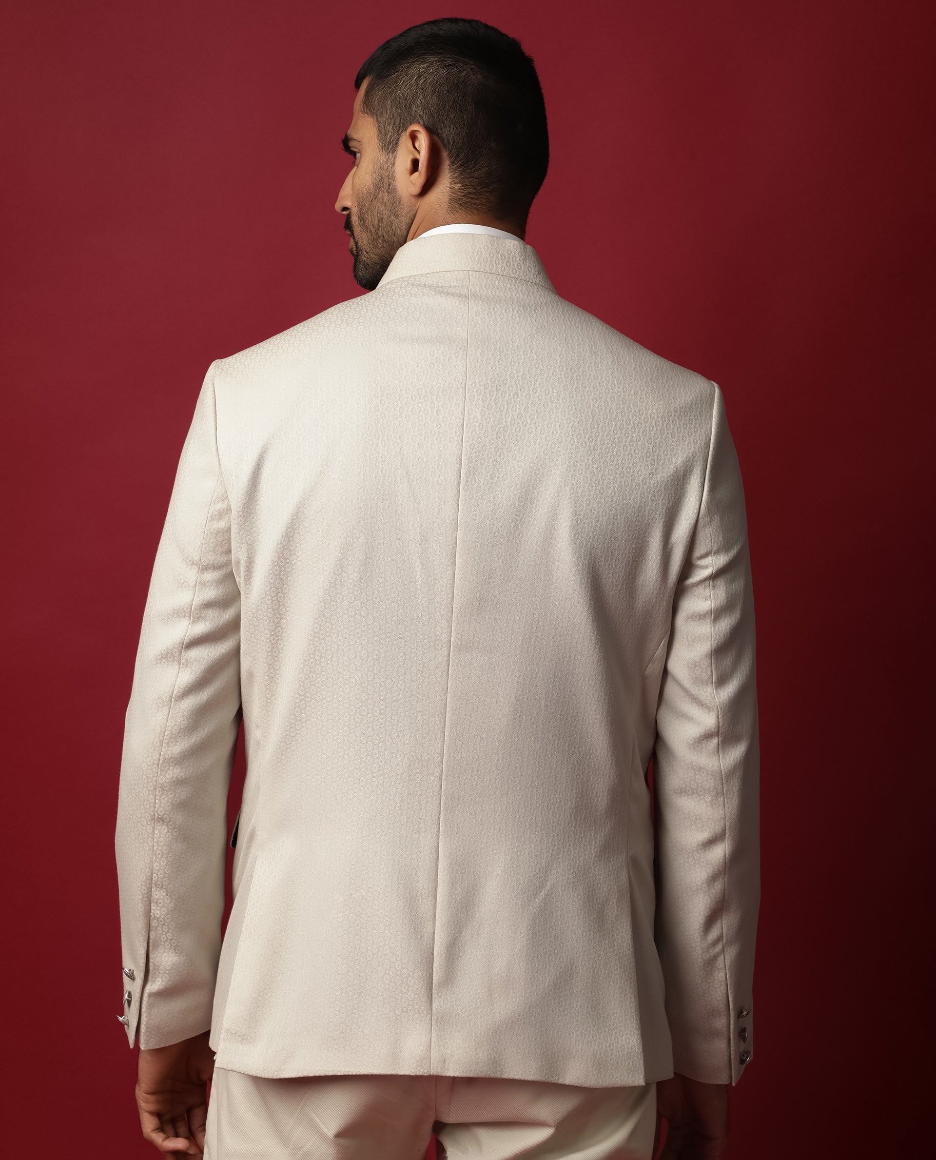 Rare Rabbit Men's Elsie Beige Mandarin Collar Tailored Fit Geometric Jacquard Bandhgala