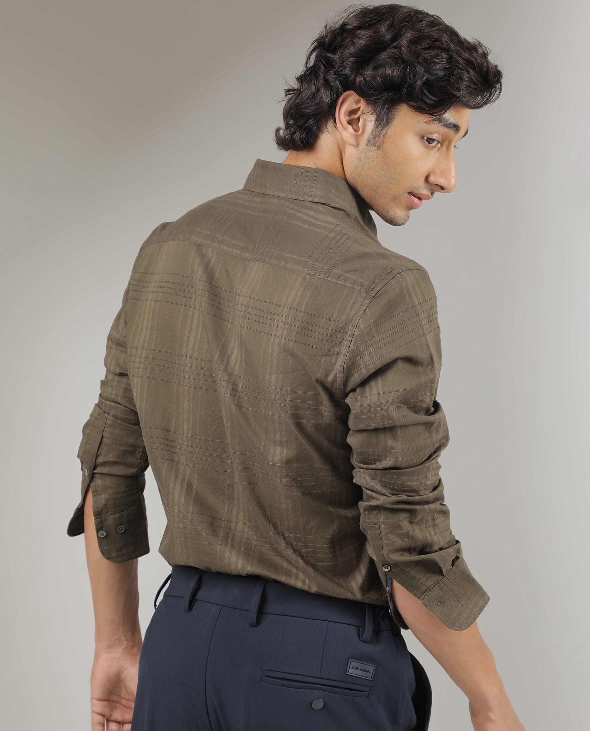 Rare Rabbit Men's Nest Olive Cotton Fabric Full Sleeves Dobby Checks Shirt