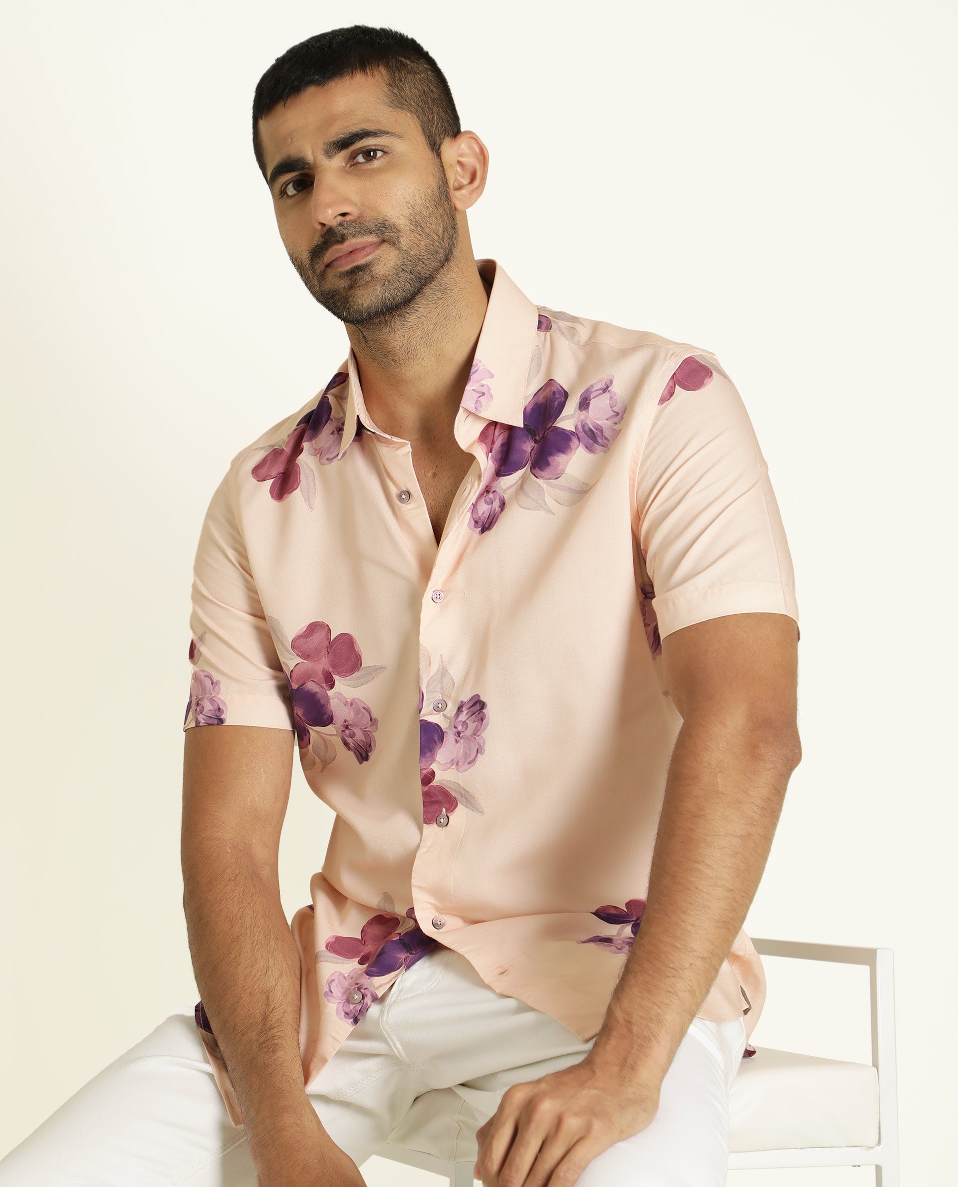 Rare Rabbit Men's Zion Beige Viscose Fabric Floral Print Half Sleeves Shirt