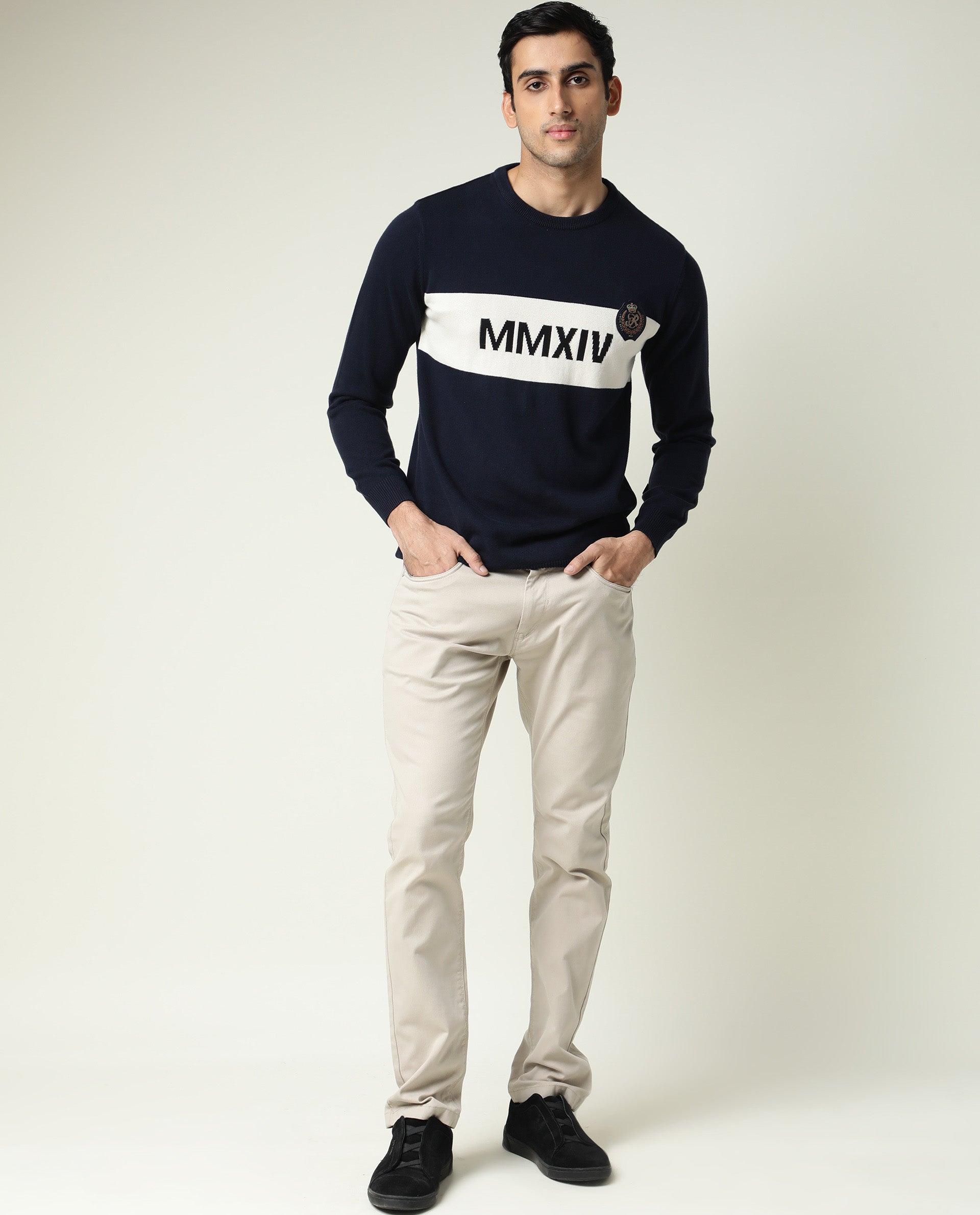 Rare Rabbit Since Primary Navy Pullover Cotton Fabric Full Sleeve Round Neck Slim Fit