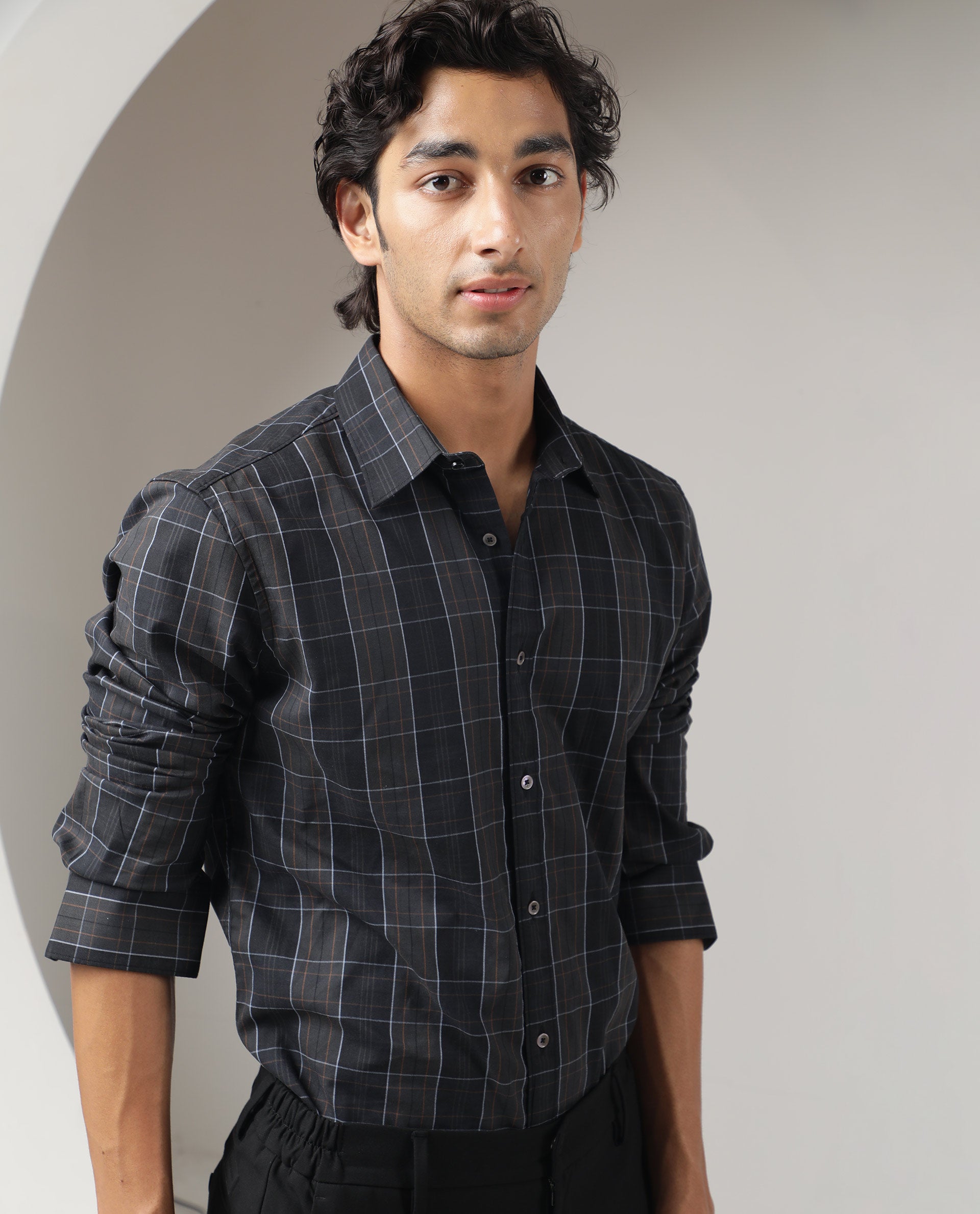 Rare Rabbit Men's Lancelot Grey Cotton Fabric Full Sleeves Checks Shirt