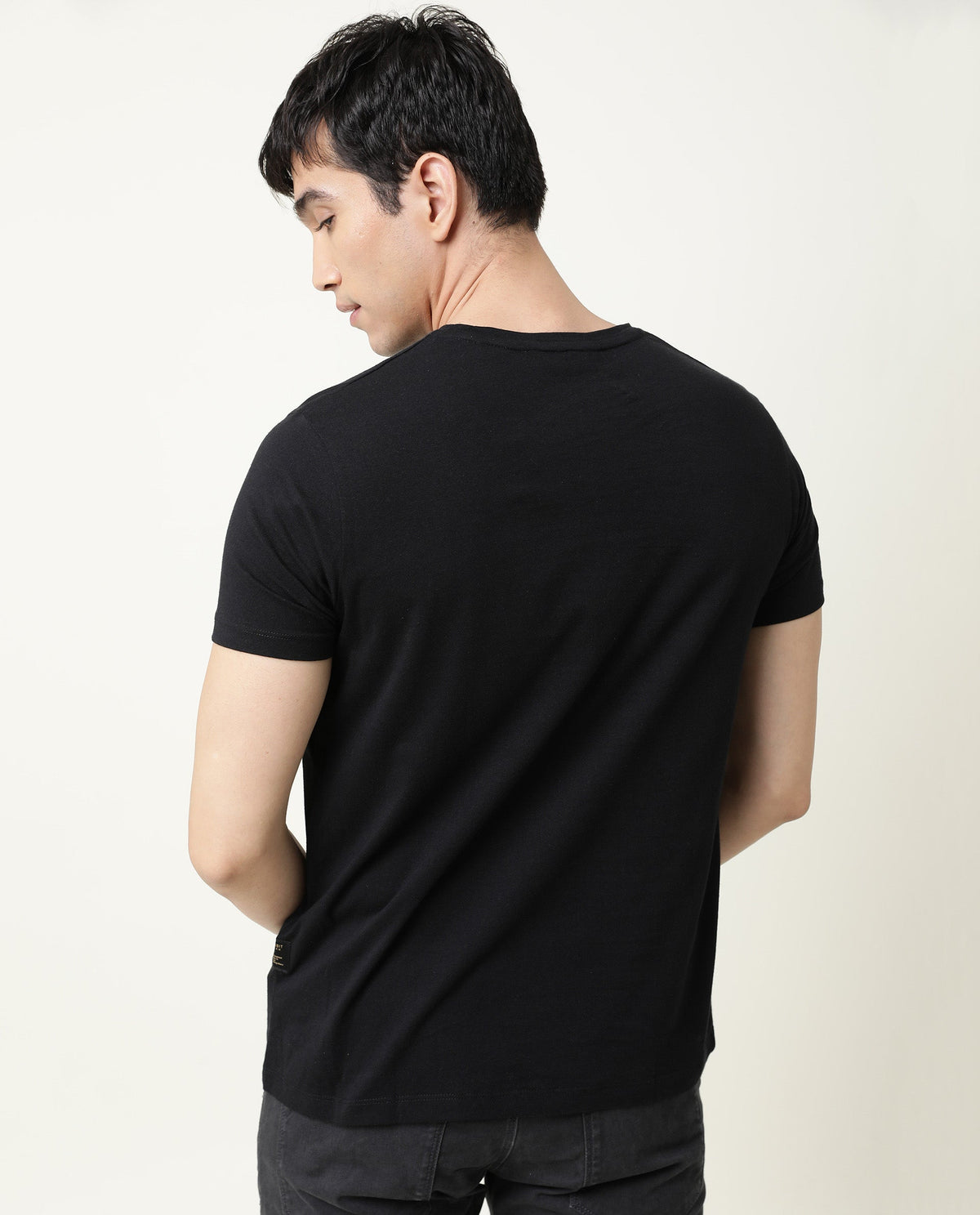 Rare Rabbit Spal Primary Black Crew Neck Graphic Printed Half Sleeves Slim Fit T-Shirt