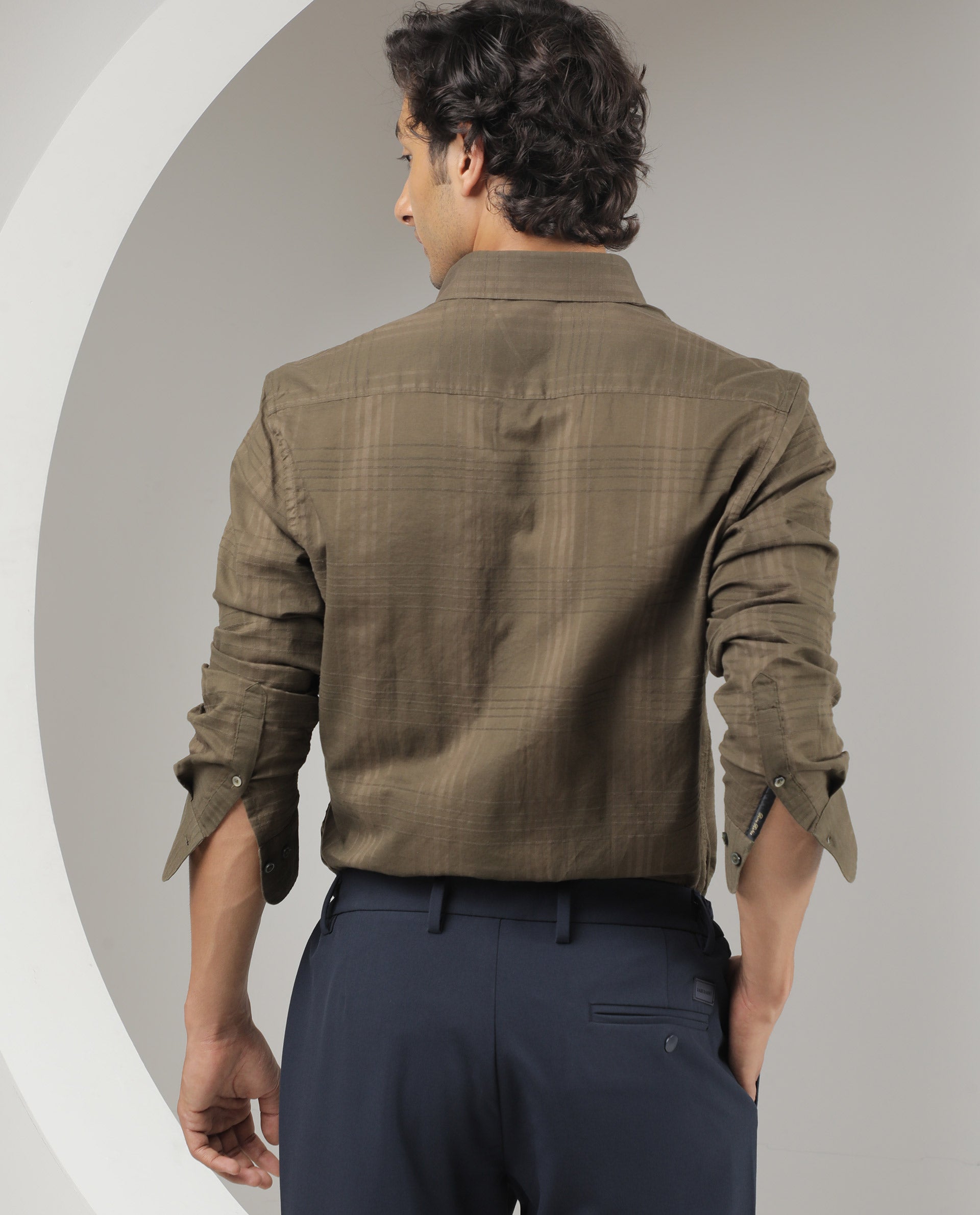 Rare Rabbit Men's Nest Olive Cotton Fabric Full Sleeves Dobby Checks Shirt