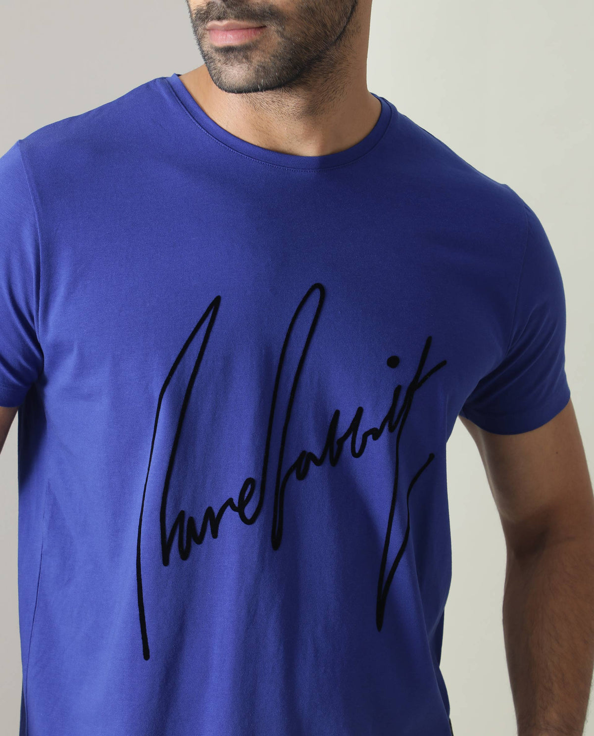 Rare Rabbit Men's Skein Blue Cotton Lycra Fabric Crew Neck Half Sleeves Flock Print Branding T-Shirt