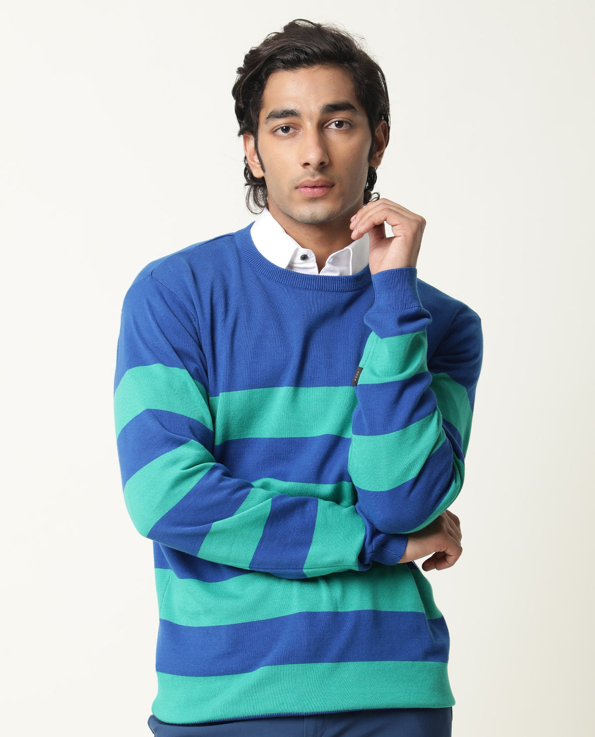 Rare Rabbit Marri Primary Green Sweater Cotton Fabric Full Sleeve Round Neck Slim Fit