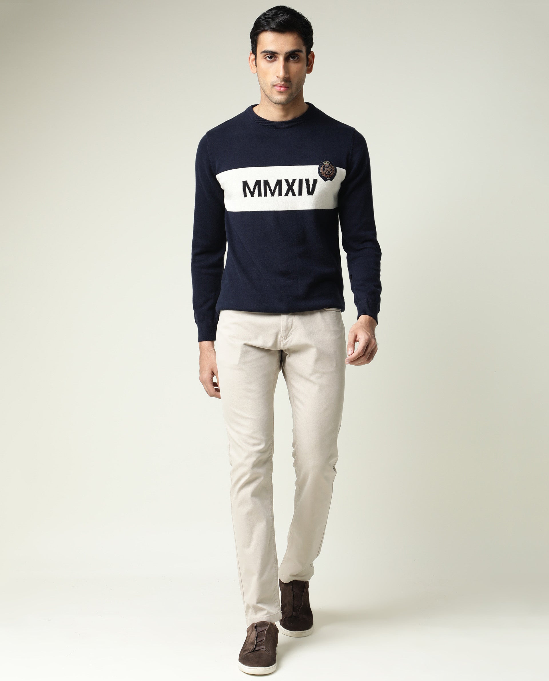 Rare Rabbit Since Primary Navy Pullover Cotton Fabric Full Sleeve Round Neck Slim Fit