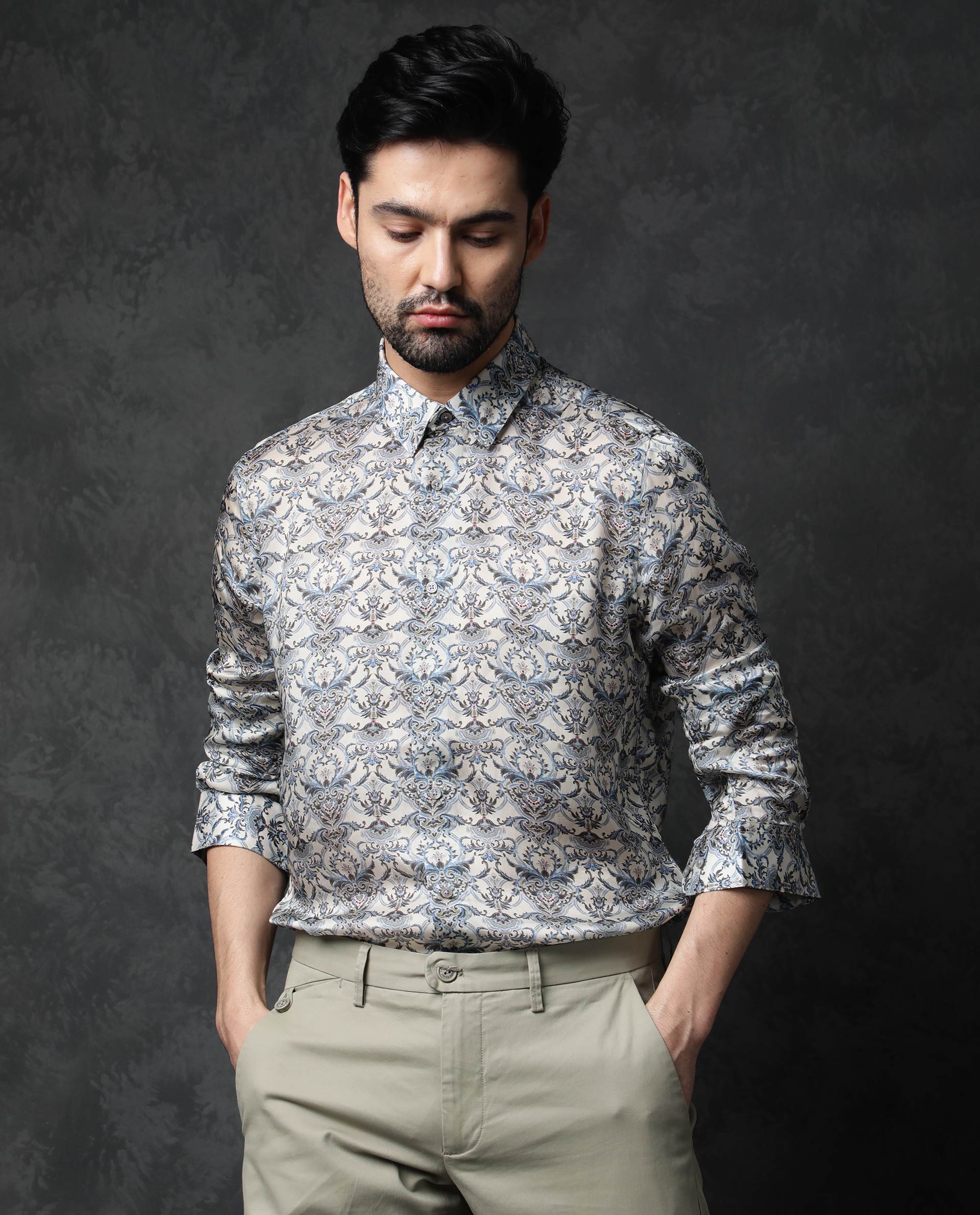 Rare Rabbit Men's Montor Beige Satin Abstract Print Full Sleeves Shirt