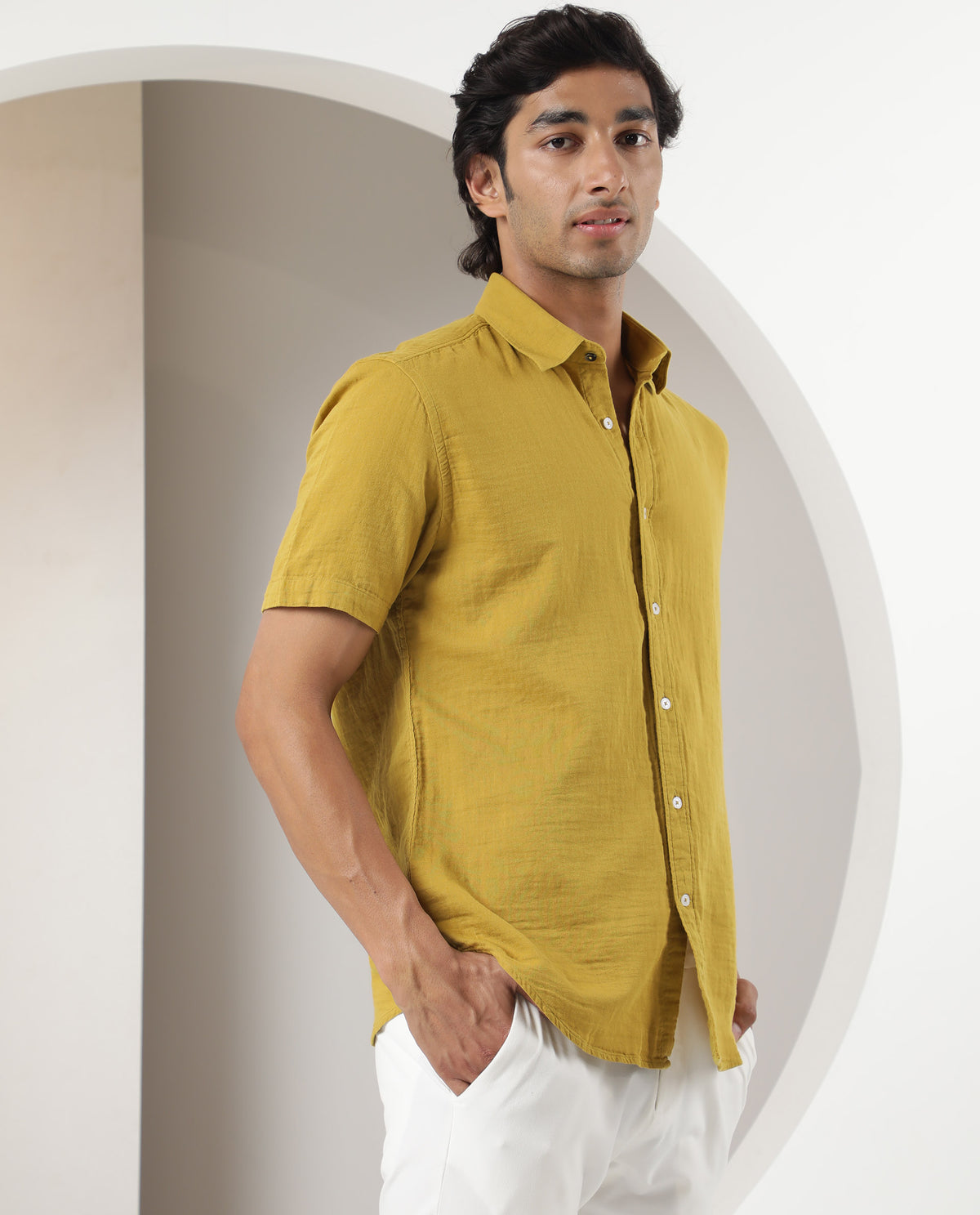 Rare Rabbit Men's Lay Yellow Cotton Fabric Half Sleeves Solid Shirt