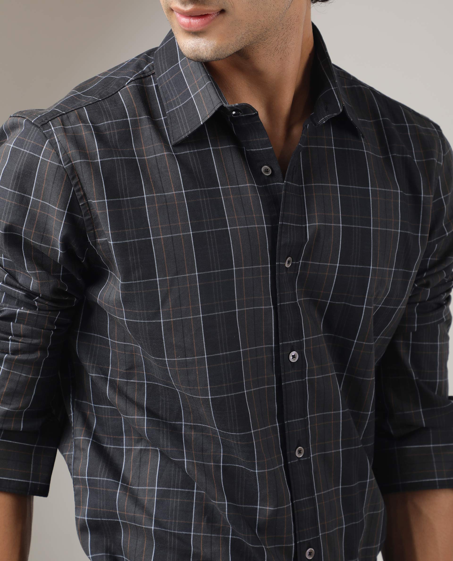 Rare Rabbit Men's Lancelot Grey Cotton Fabric Full Sleeves Checks Shirt