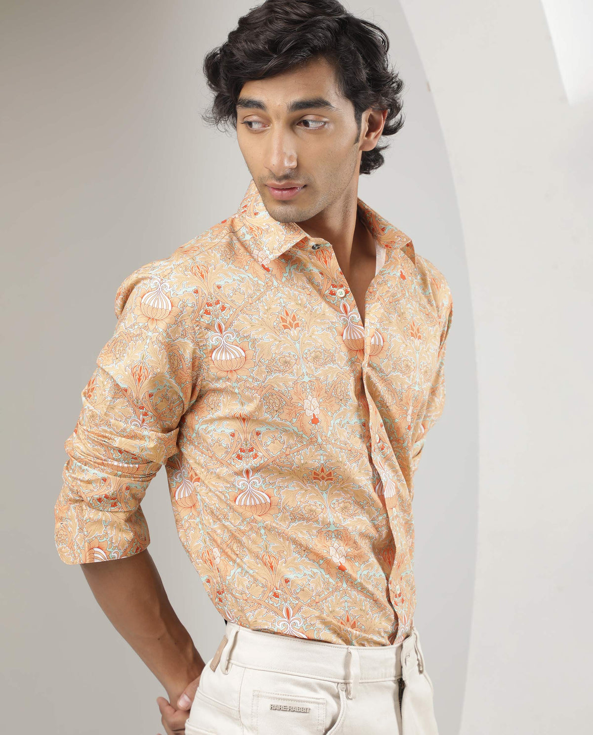 Rare Rabbit Men's Samuel Beige Cotton Fabric Floral Print Full Sleeves Shirt